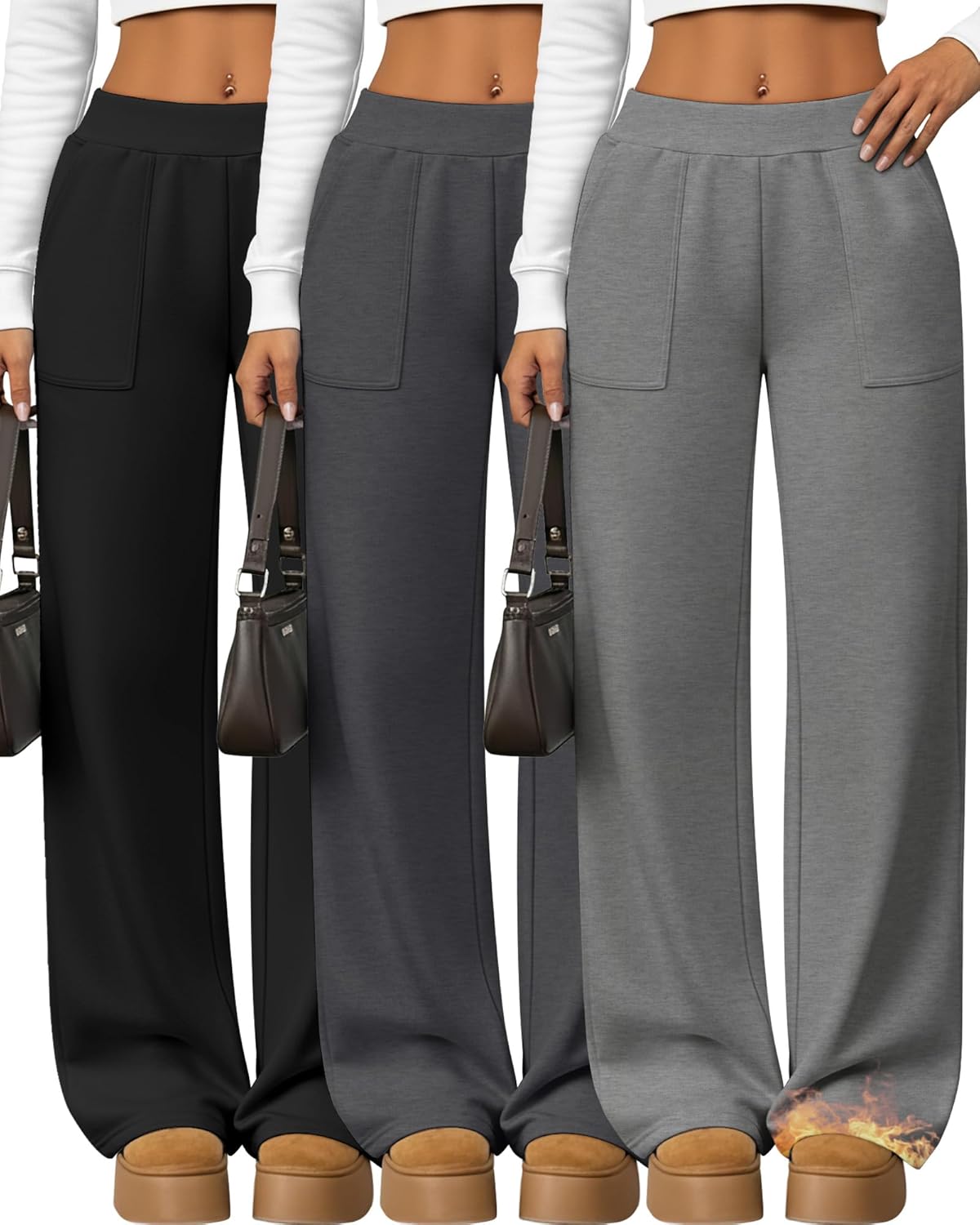 Yearntown 3 Pack Women's Wide Leg Baggy Sweatpants Fleece Elastic Lounge Pants with Pockets Casual Loose Yoga Jogger Pants