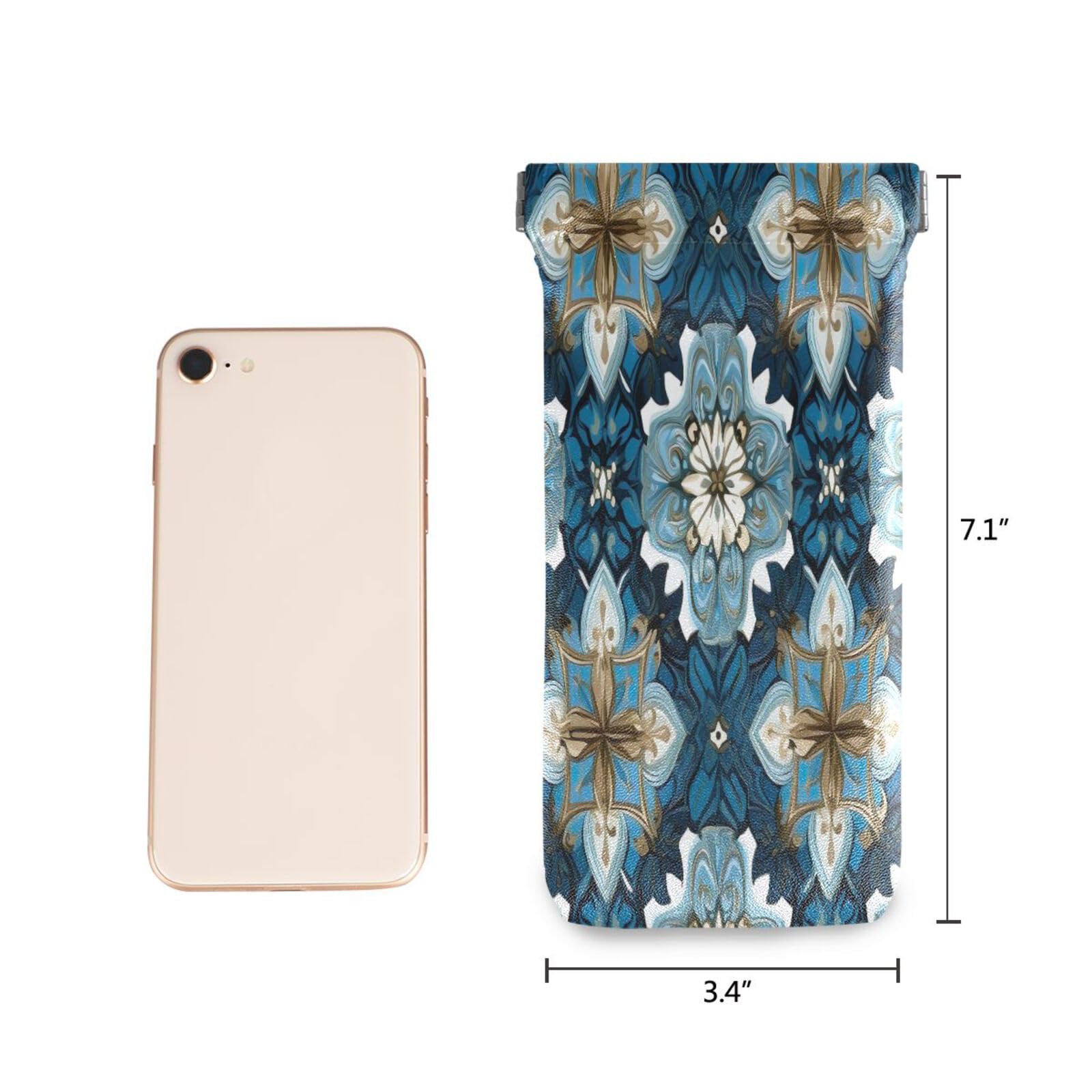 FLildon Mexican Talavera Tile Blue Eyeglasses Pouch Squeeze Top Sunglasses Case Soft PU Leather Eyeglass Bag for Men Women