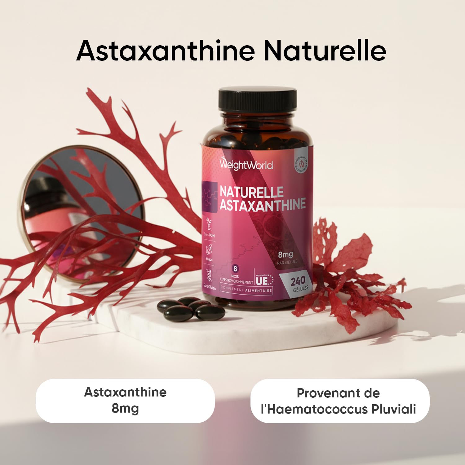 Astaxanthine Naturelle, 240 Gélules Molles Vegan pour 8 Mois, Issue d'Algue Marine Haematococcus Pluvialis Astaxanthine Vegan, sans Gluten et sans Stéarate de Magnésium