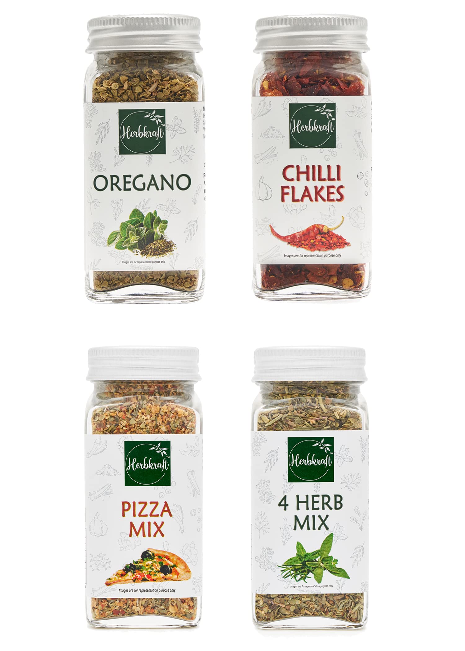Herbkraft - Oregano 13 GM + Chilli Flakes 34 GM + Pizza Mix 46 GM + 4 Herb Mix 22 GM | Fresh & Natural Herbs & Seasonings | Dry Leaves | Grocery - Masala - Spices | Vegetable Stir Fry - Pizza - Pasta