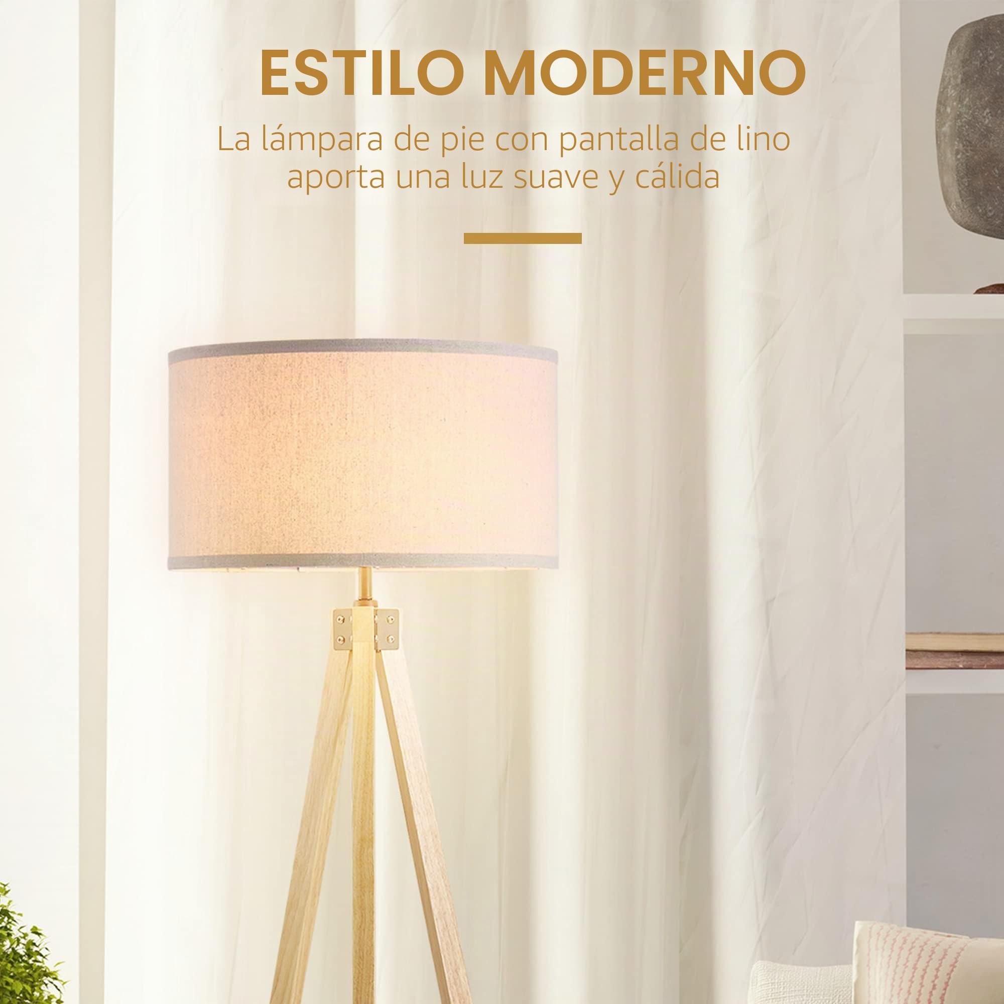 HOMCOM - Lámpara de pie trípode estilo escandinavo (40 W, máx. Dom. 45 x 45 x 152 cm. Madera de pino lino beige