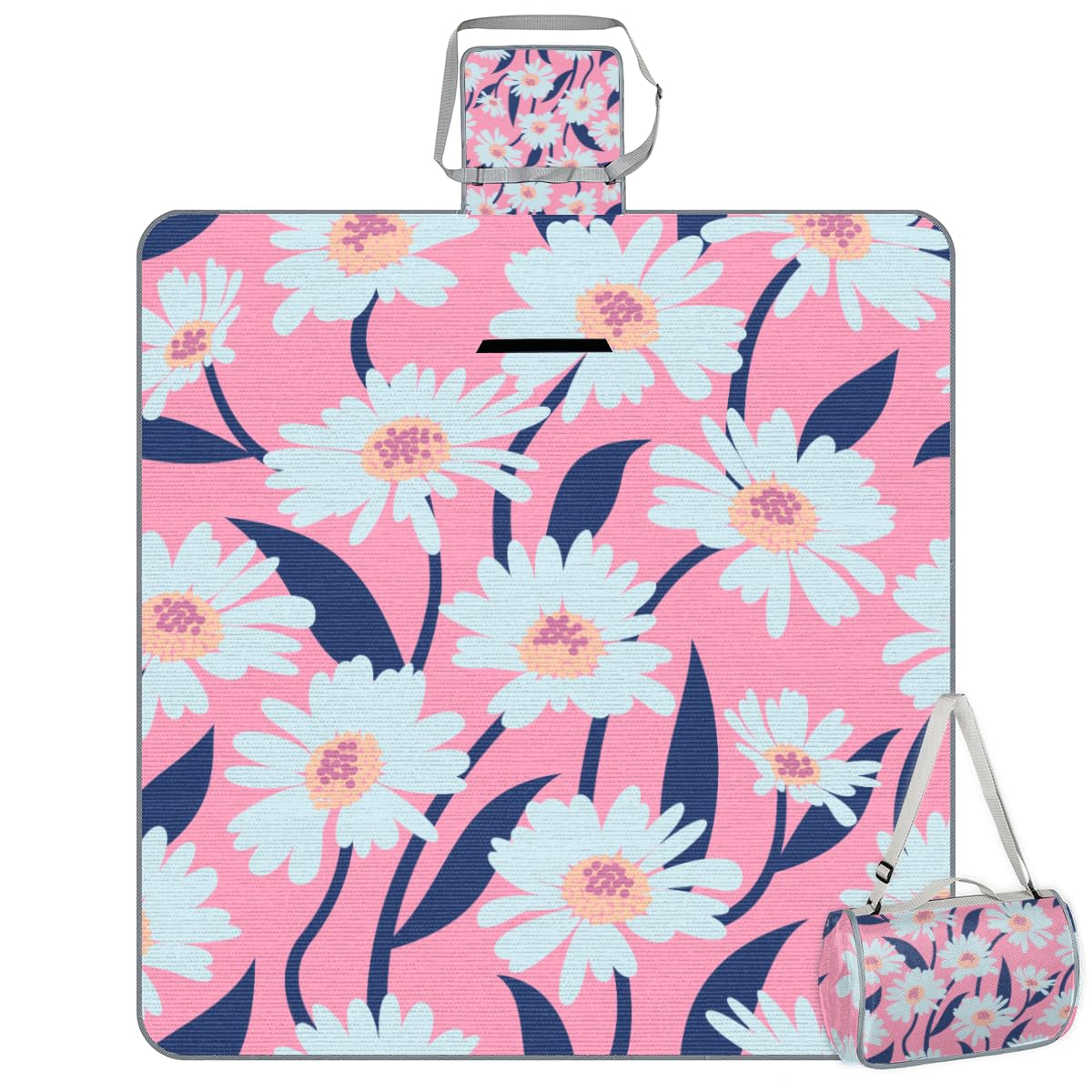 Shimoshe Picnic Blankets 57”x 59”, Pink Background Daisies Waterproof Sandproof Picnic Mat Lightweight Foldable Beach Blanket for Camping Park Grass Beach Outdoor Blanket A1