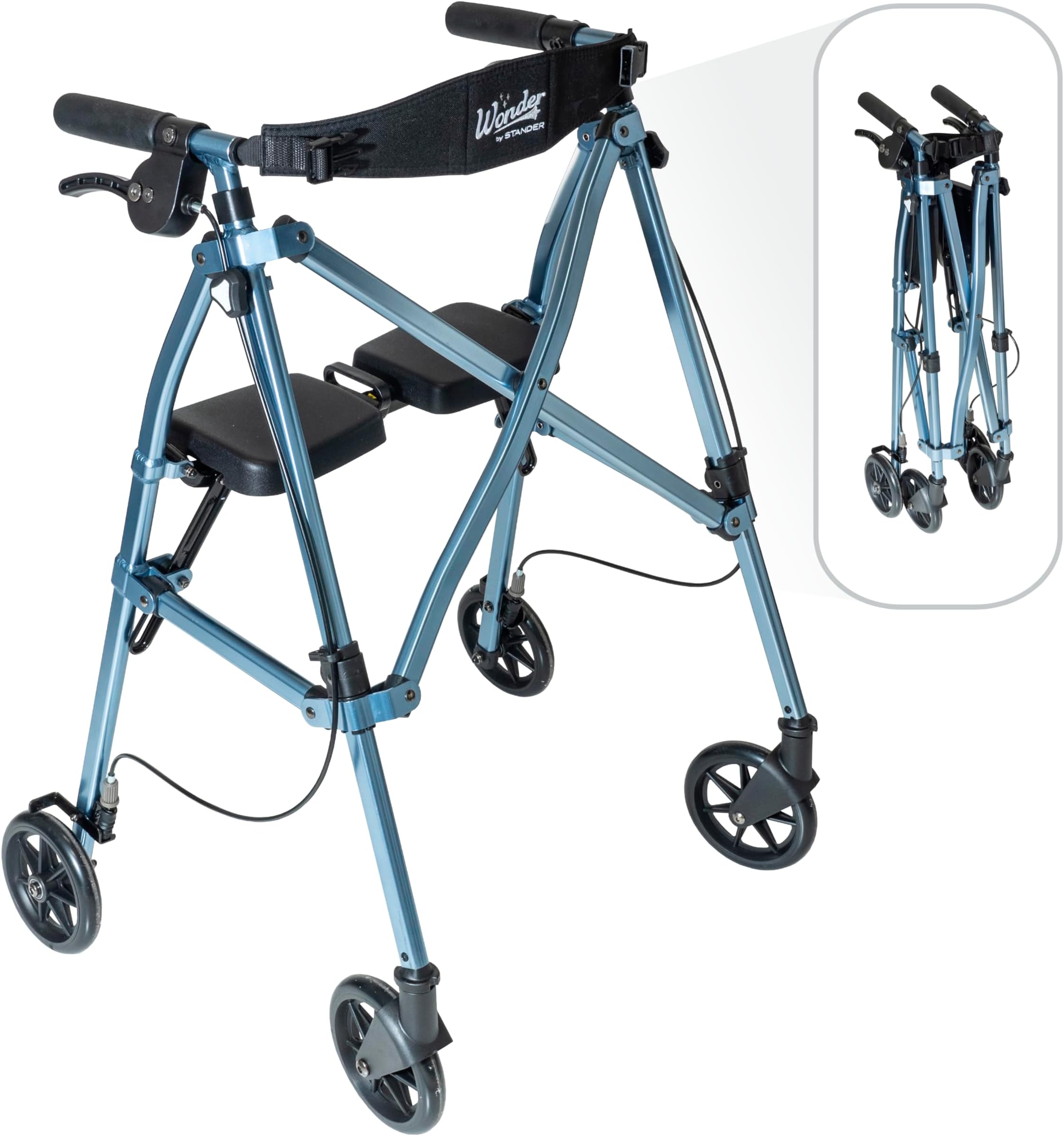 Stander Space Saver Rollator, Lightweight Folding Rolling Walker with Seat for Seniors & Adults, 4-Wheel Mobility Aid with 6-inch Wheels, Locking Brakes & Padded Seat with Backrest, Cobalt Blue