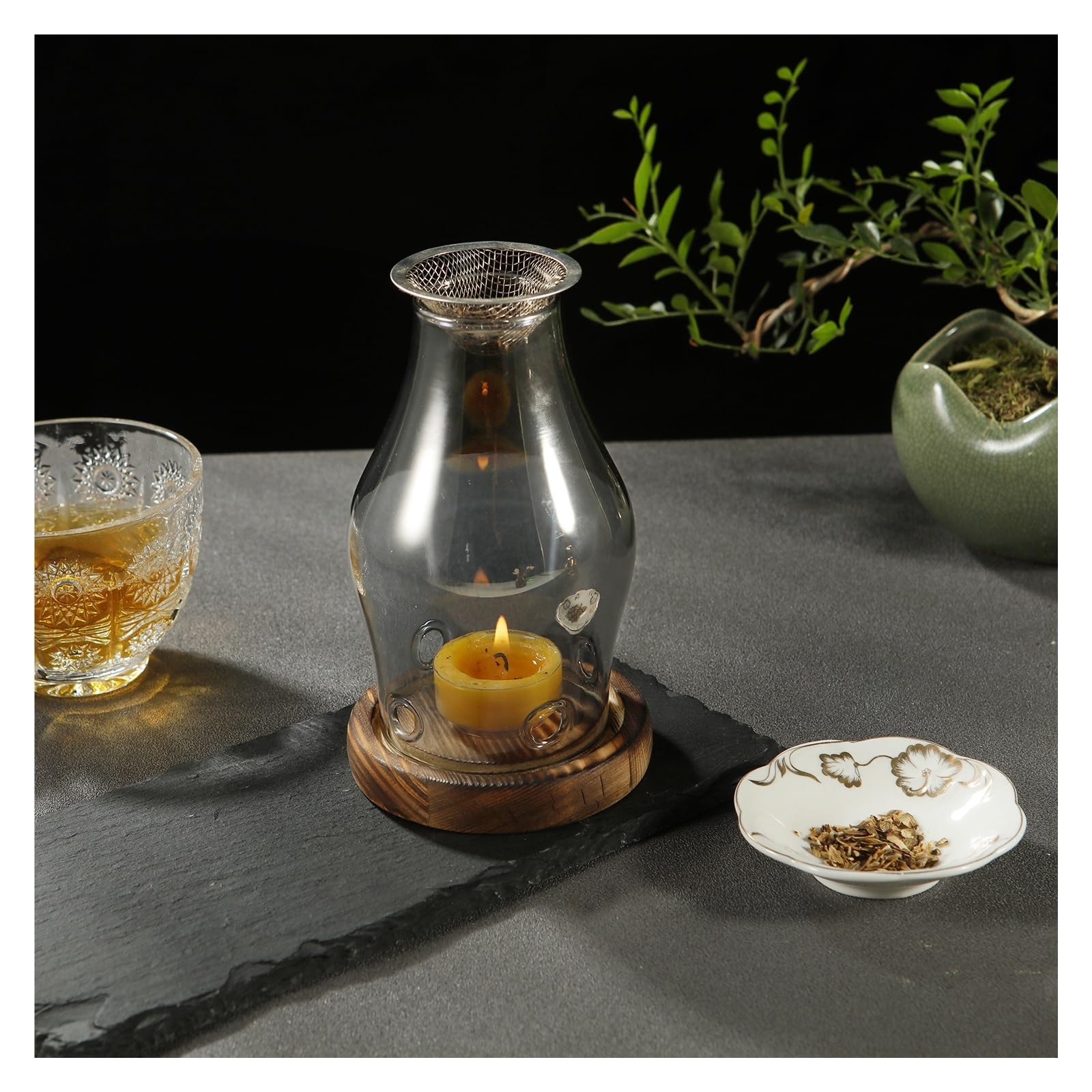 Kerzenhalter aus Glas mit Holzsockel, Aromatherapie-Brenner