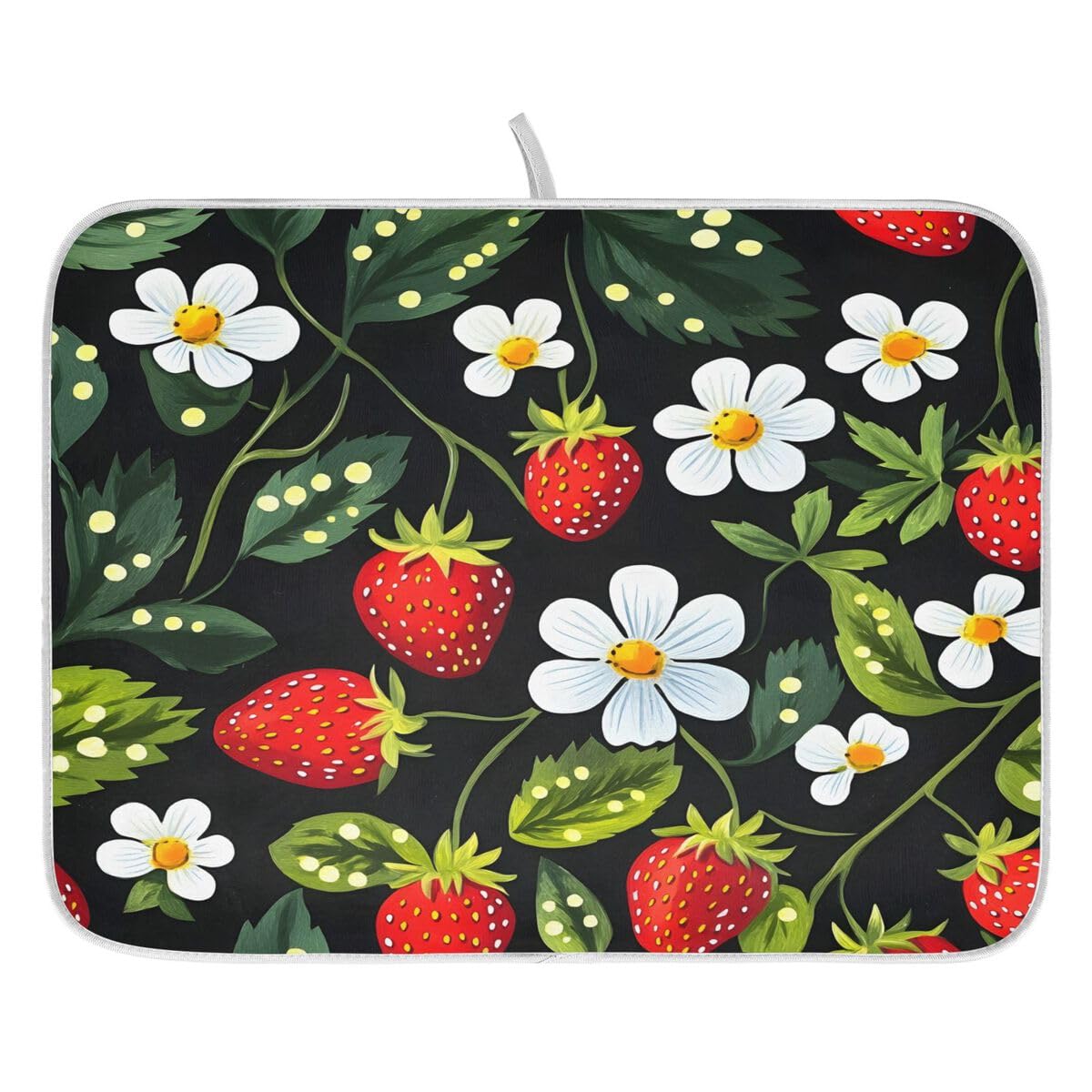 Strawberry Dish Drying Mat for Kitchen Counter White Flower Absorbent Microfiber Drying Pad Dish Mat, 16" X 18"