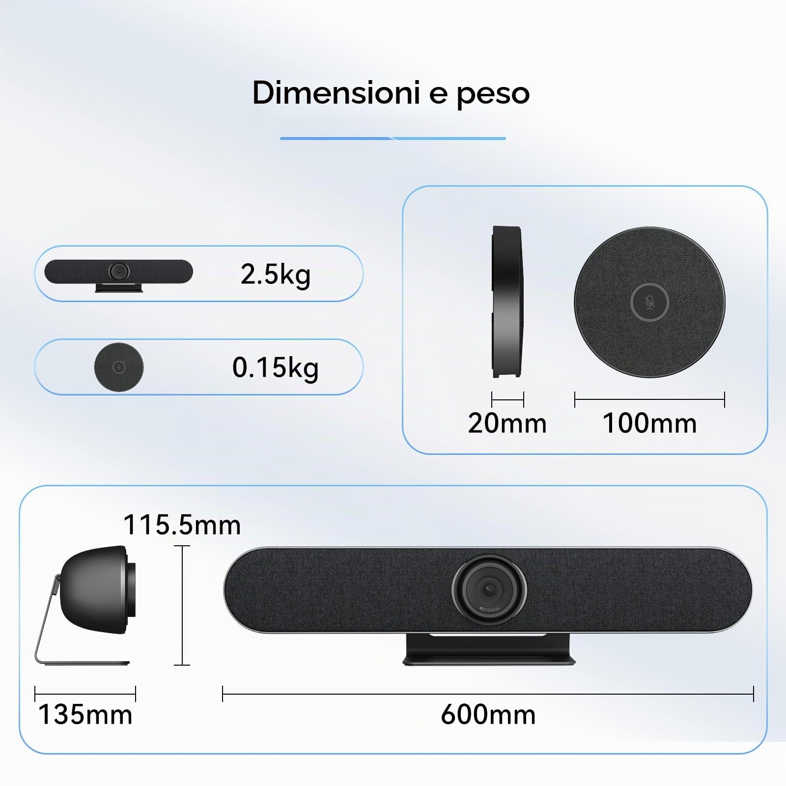 Retekess TC201 Videoconferenza con Microfono, Webcam conferenza PTZ 4K, Array di 4 Microfoni, Tech di Elaborazione 3A, Ai Tracciamento Degli Altoparlanti, per Sala Riunioni da 6-12 Persone