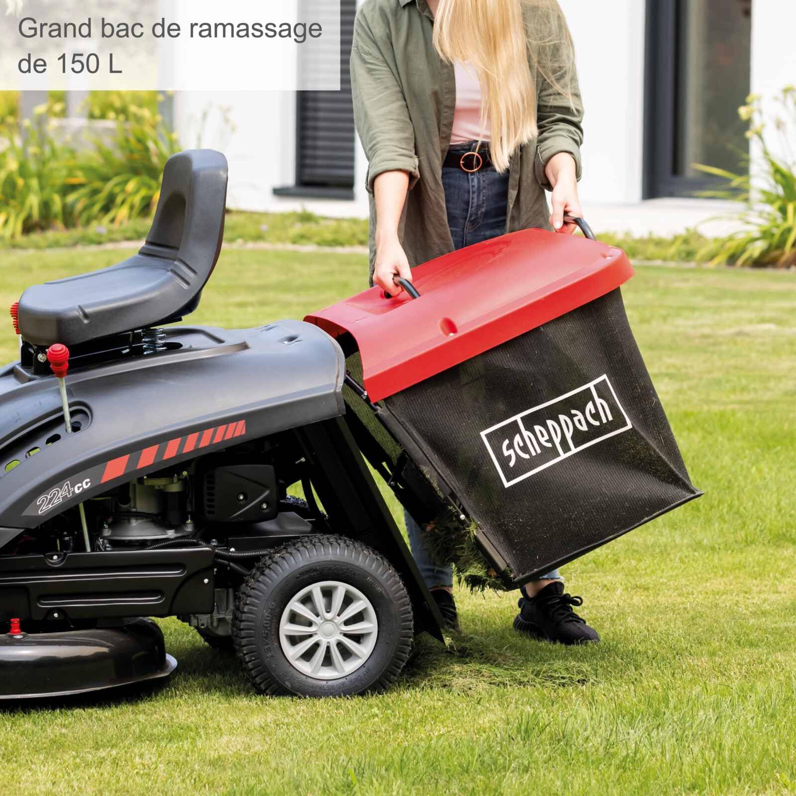 Scheppach Tondeuse Thermique MR196-61 | Autoportée & Démarrage électrique |6,5 CV| Largeur de Coupe 61cm | 5 Positions |Ramassage 150 L| 4 Marche Avant- 1 Marche arrière | Lame supp. + Huile Incluse