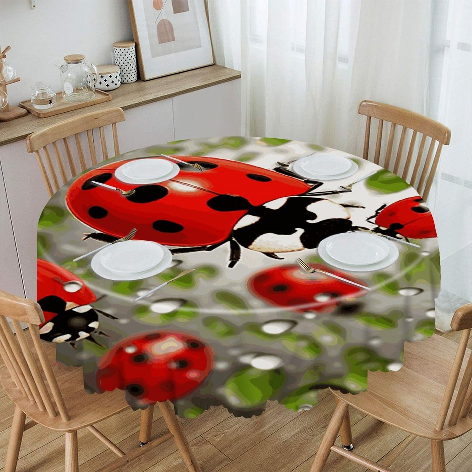 MUSM Ladybug Table Cloths Round Wrinkle Resistant Tablecloths Washable Polyester Table Cover Waterproof Decorative Washable Rustic Circle Tablecover for Kitchen Dining