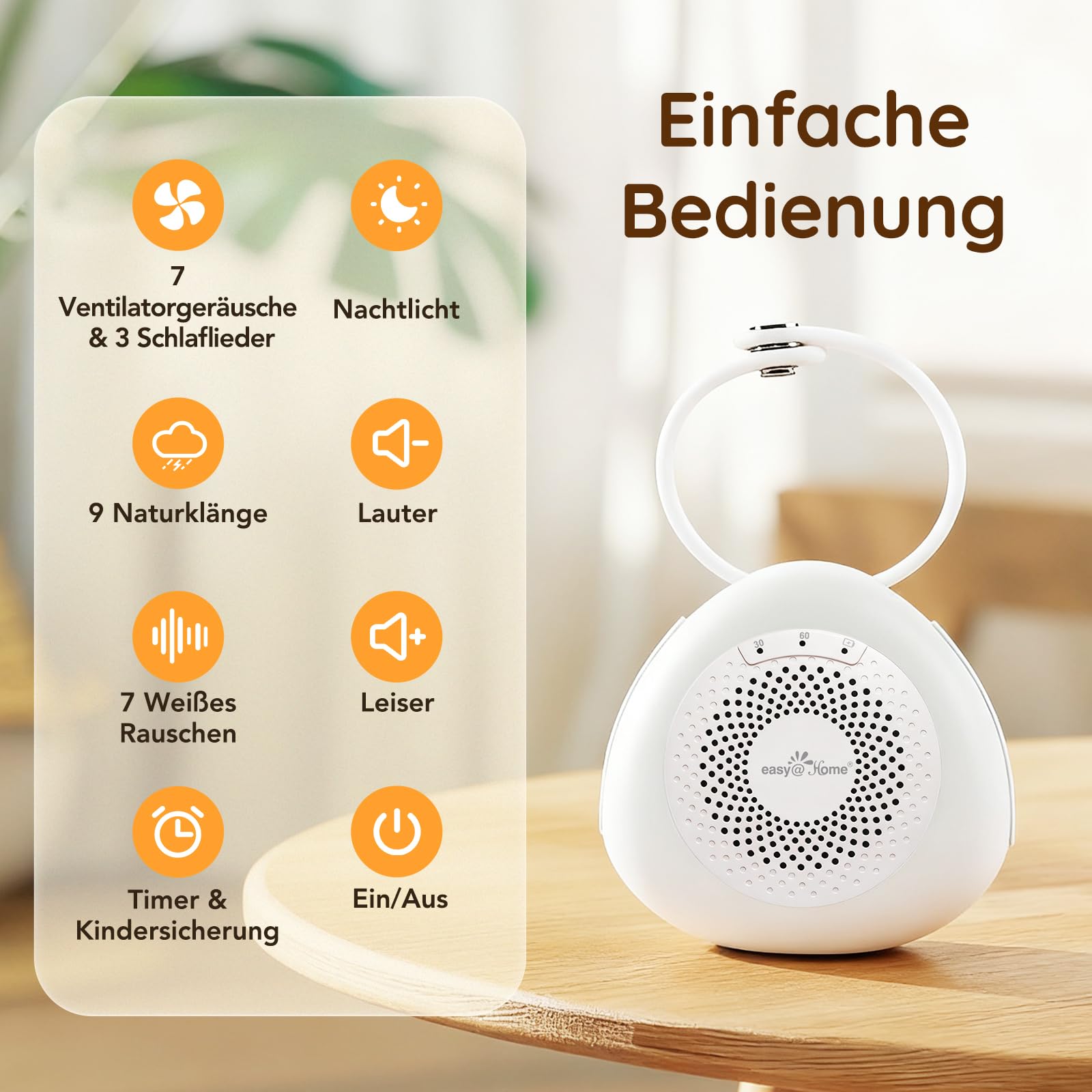 Easy@Home Mini-Gerät mit weißem Rauschen, für Babys, Erwachsene, Kinder, Schlaf, 30 beruhigende Geräusche, tragbare Maschine mit Nachtlicht, Timer, Memory-Funktion, entspannende Schlafmusik