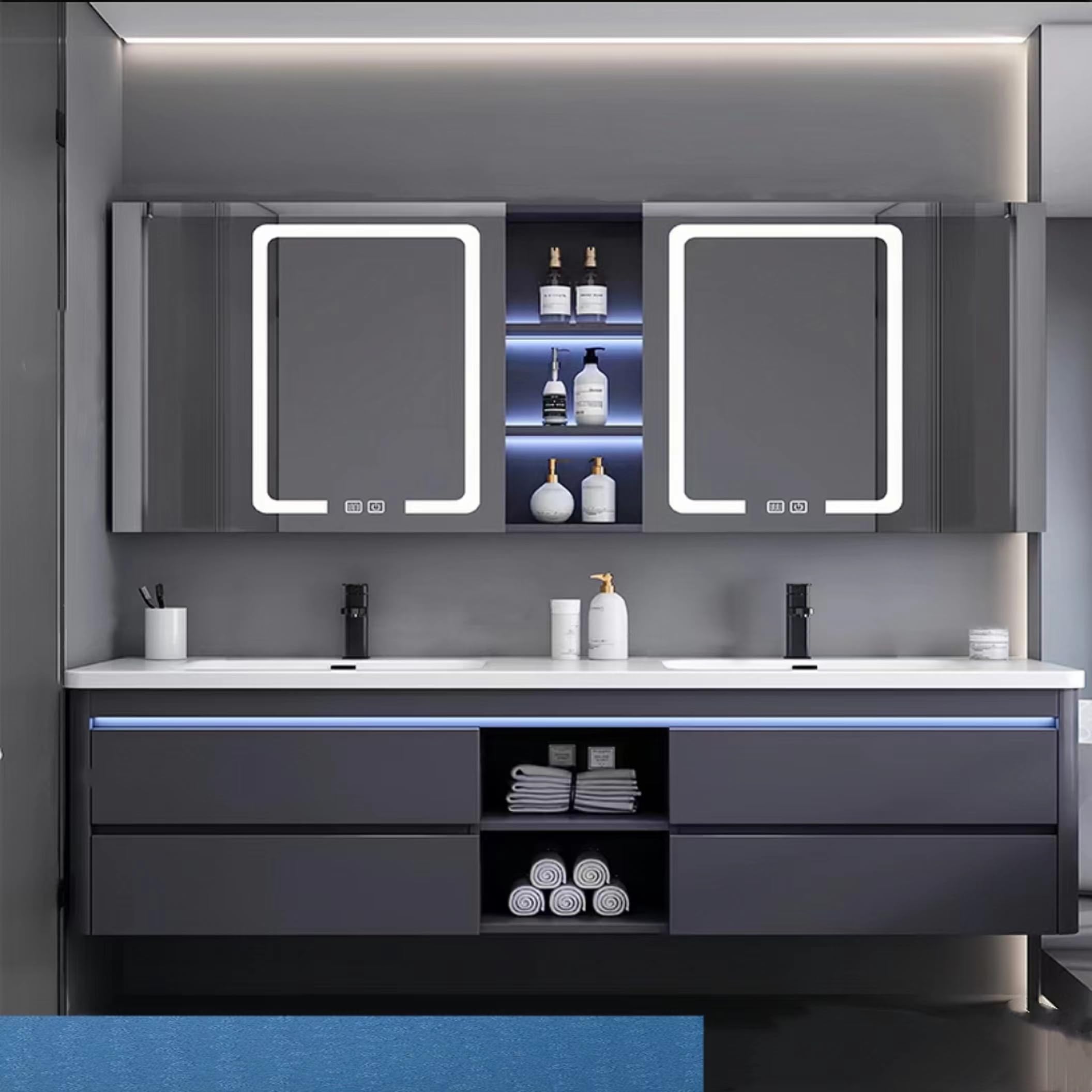 TIZAZO 92IN Floating Bathroom Vanity - Modern Bathroom Vanity, Double Sink, Square Sinks | One-Touch Defogging & LED Mirror with Lights, 4 Drawers