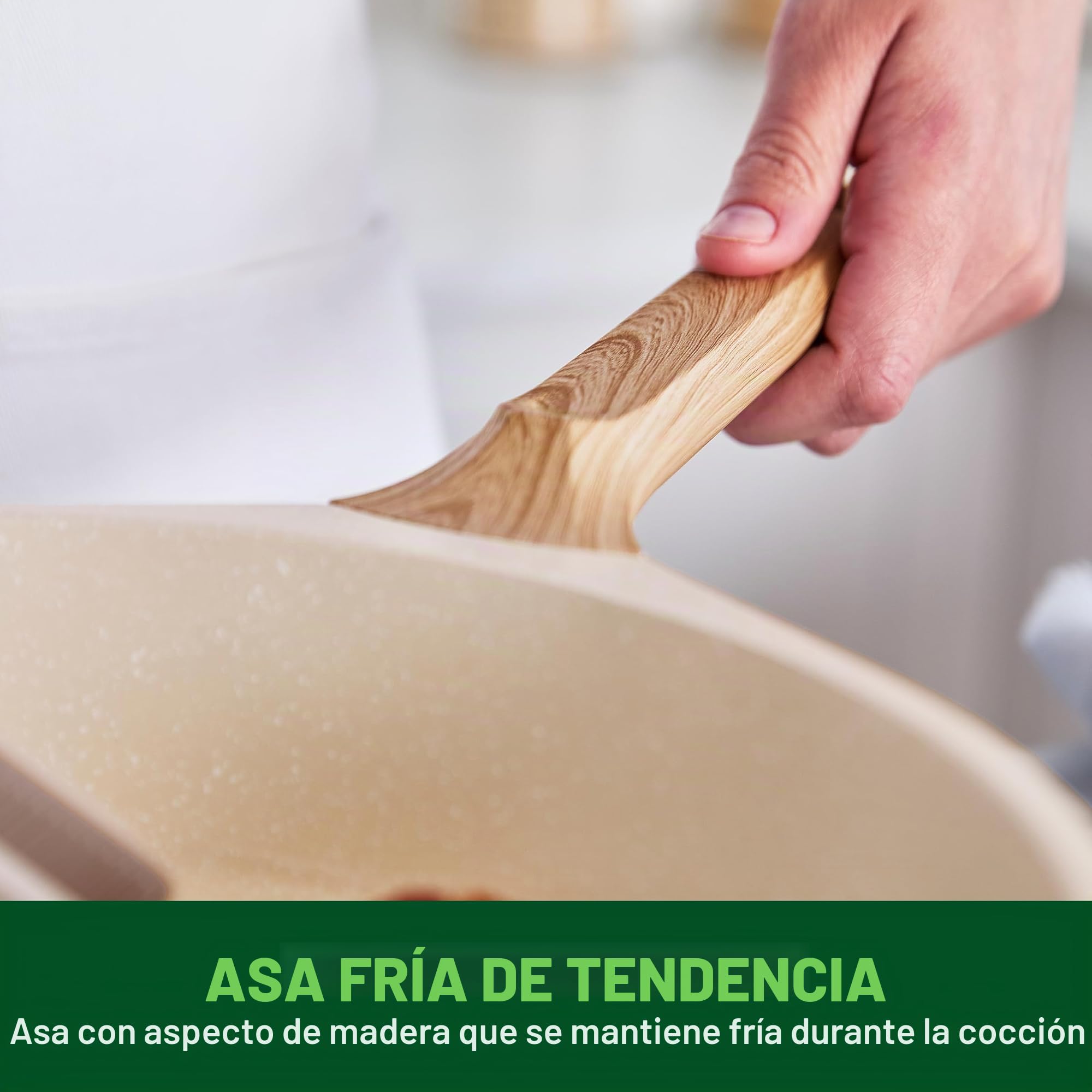 GreenChef Arte - Juego de 2 sartenes antiadherentes de cerámica (24 cm y 28 cm, sin PFAS, aptas para inducción, mango de madera), color crema