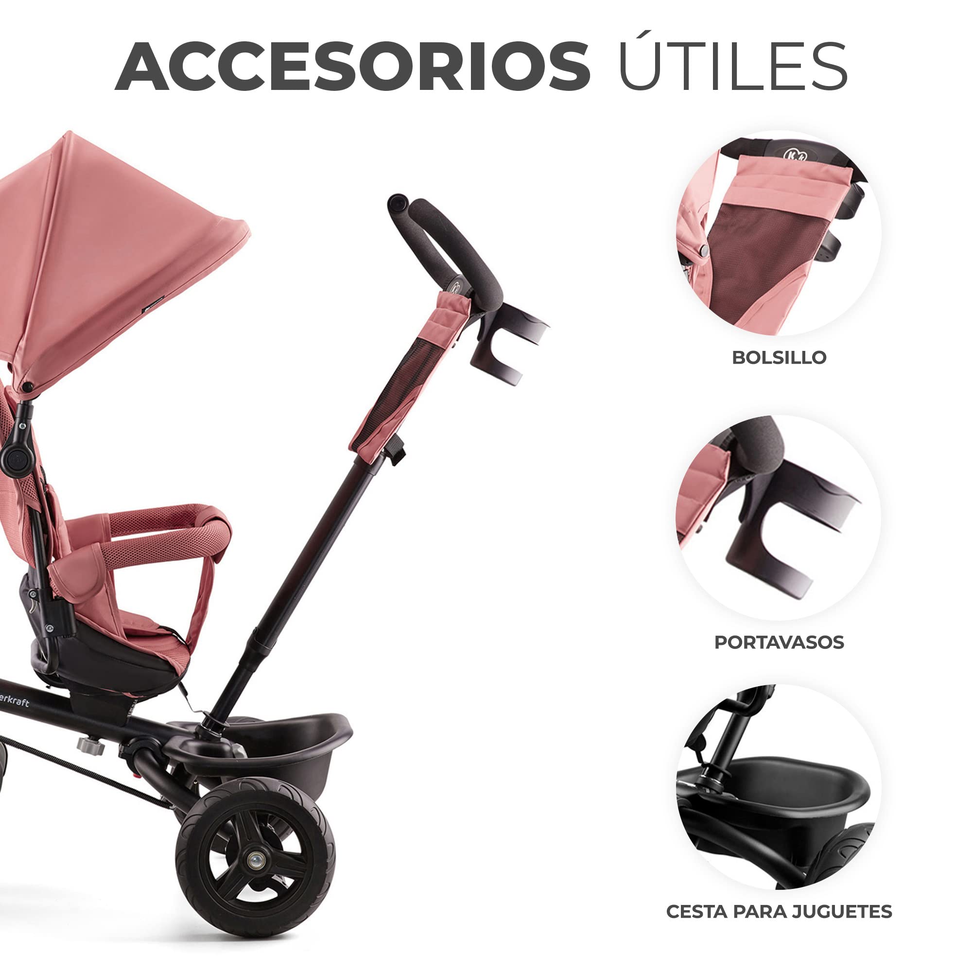 Kinderkraft Aveo Bebé, Plegable, Trike, Bicicleta para Niños, Triciclo Evolutivo, Sin Pedales, Bicicleta Bebe, con Accesorios Práctico, Dos Cestas, 9 Meses a 25 kg, Rosa