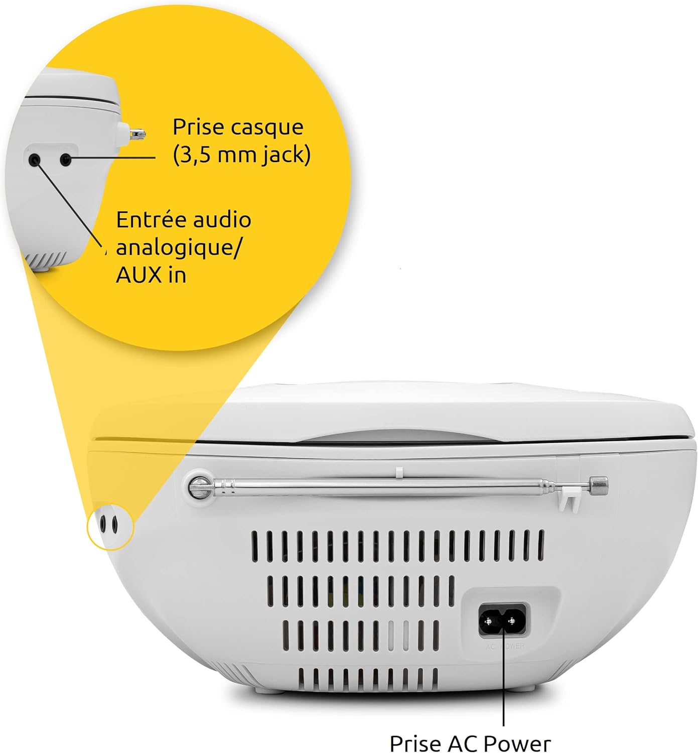 TechniSat Viola CD-1 with abstract radio wave graphics, symbolizing FM radio reception.
