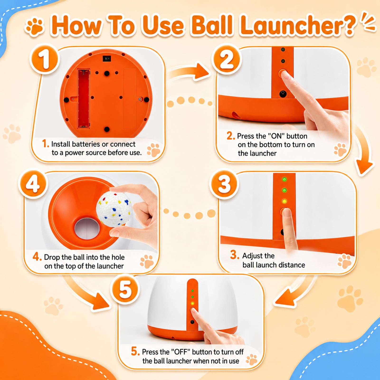 Jouet automatique pour chien avec 3 distances (3-9 m), lanceur de balle interactif pour petits chiens, lanceur de balle électrique pour intérieur et extérieur, 6 balles de maintien incluses, 110-240 V