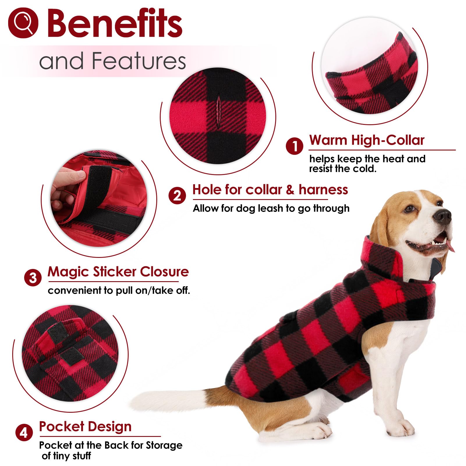 AOFITEE Abrigo para perros de invierno y Navidad para perros grandes con protección abdominal y bolsillos, abrigo de invierno cálido para perros con orificio para arnés, diseño a cuadros, ropa para