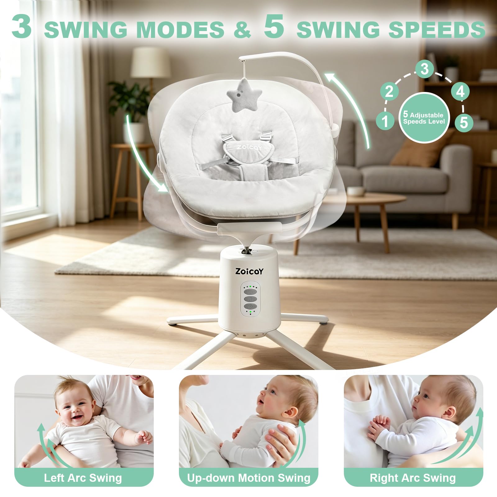 Sdraiette e dondolini Zoicay sdraietta neonati elettrica 3 modalità con Regolazione del sedile e bluetooth telecomando integrata timer e musica per 0-9 mesi bambino uso interno ed esterno (Bianco)