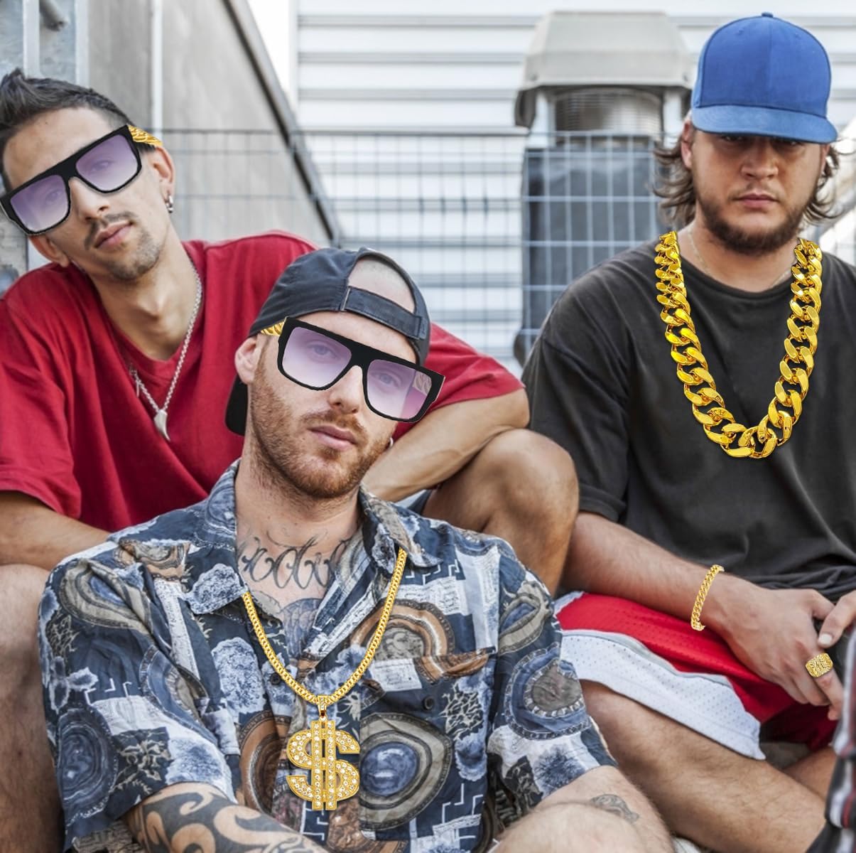 Hip Hop Costume Kit 80s 90s Accessories Outfit for Men Rapper Sunglasses Chain Bracelet Dollar Sign Necklace Ring Kanji Ring Halloween Party Decorations - Image 2