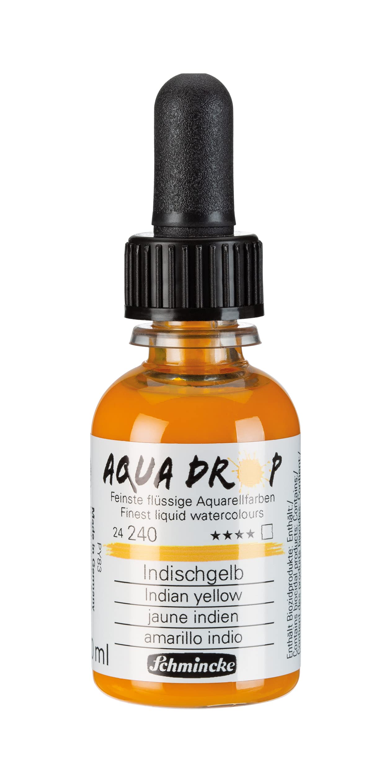 Schmincke - AQUA DROP, liquid, pigment-based watercolour, Indian yellow in 30 ml pipette bottle, 24240034, for watercolour painting, urban sketching, calligraphy, handlettering, lightfast