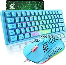 60% Gaming Keyboard and Mouse Combo Rainbow LED Backlit Keyboard with 61 Keys Membrane Mini Portable Ergonomic Design Ultralight Gaming Mouse 6400 DPI,Gaming Mouse Pad for Windows PC Gamers(Blue)