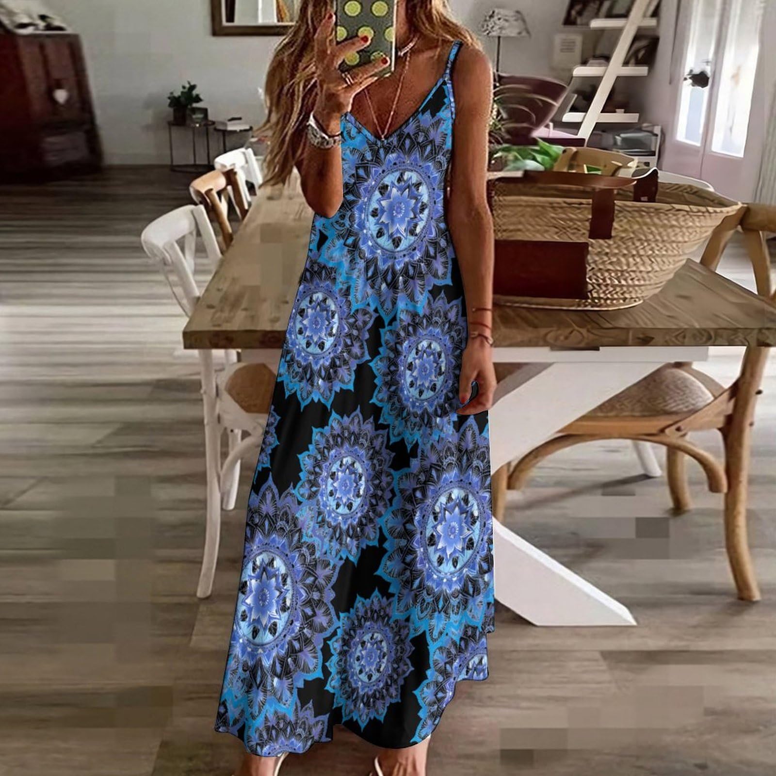 Vestido casual con estampado de flores degradadas azules para mujer, vestido largo con espagueti, longitud hasta el tobillo, vestido de verano fluido