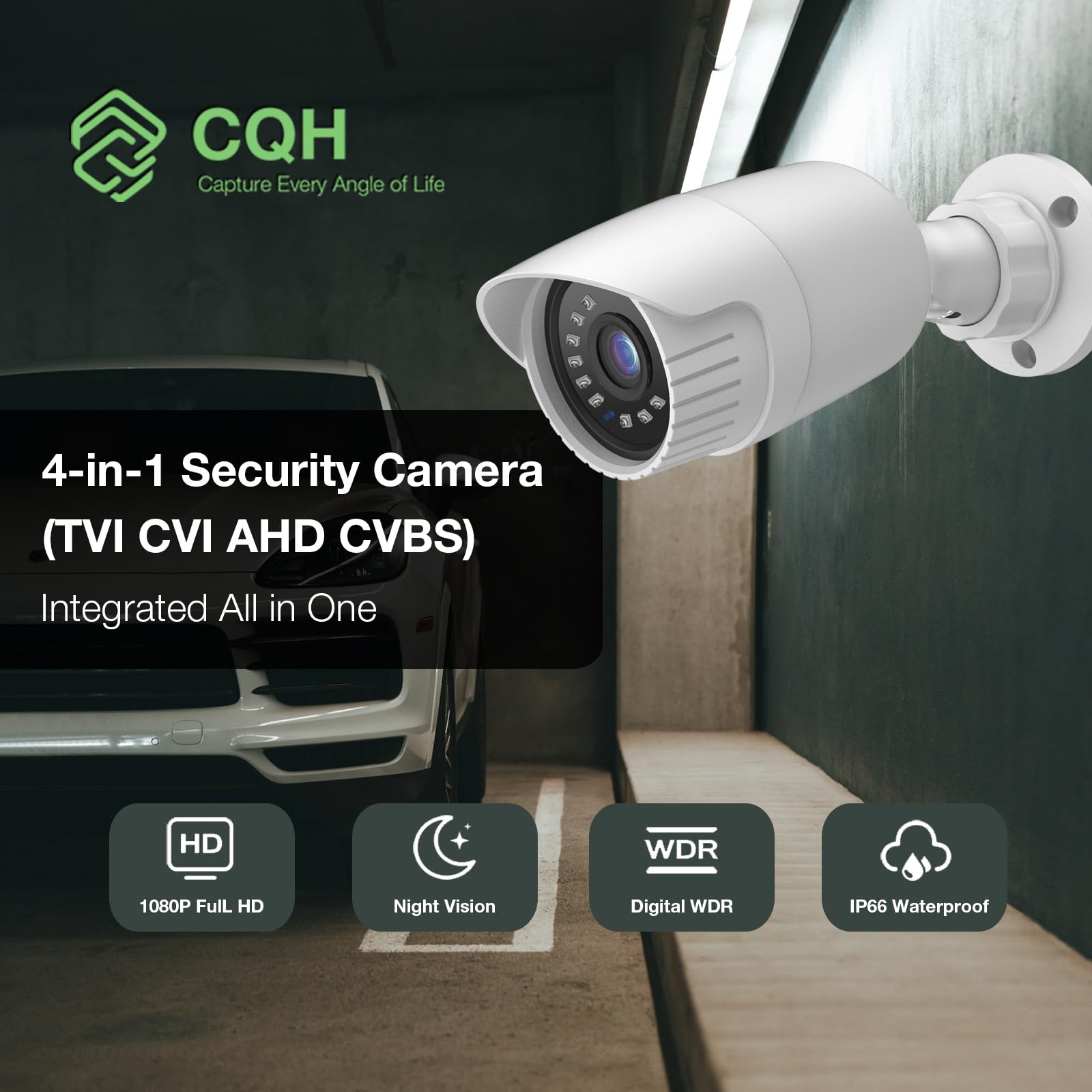 Cámara de seguridad 1080P 4 en 1 HD CCTV Bullet con cable, AHD/TVI/CVI/CVBS, video de vigilancia analógica con carcasa de metal, cámara negra para uso en exteriores, visión nocturna clara de 100 pies