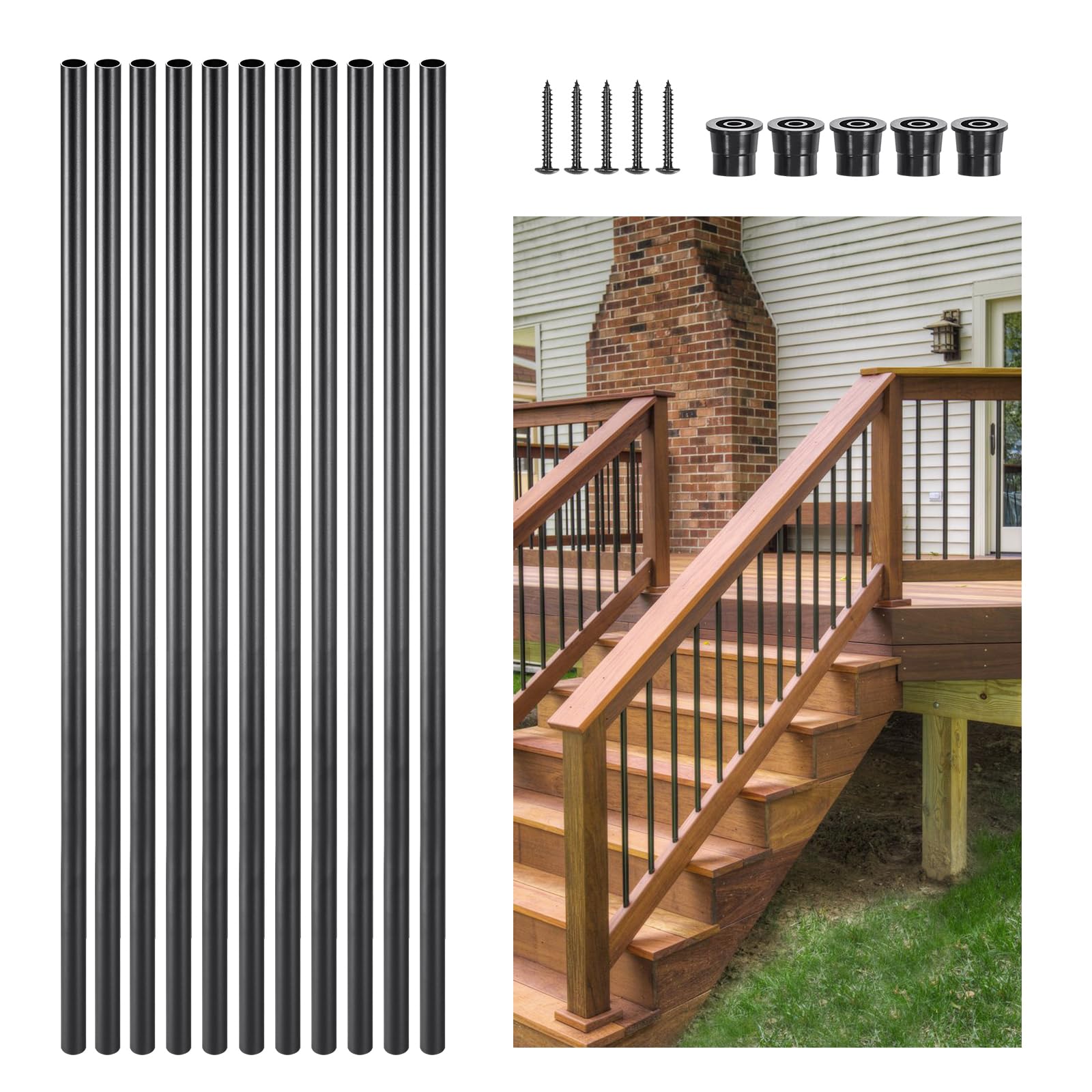 VEVOR Balustres d'Escalier Aluminium 19x914 mm, Lot de 51 Barreaux de Sécurité Garde-corps, Tige Ronde Creuse Métal, Noir