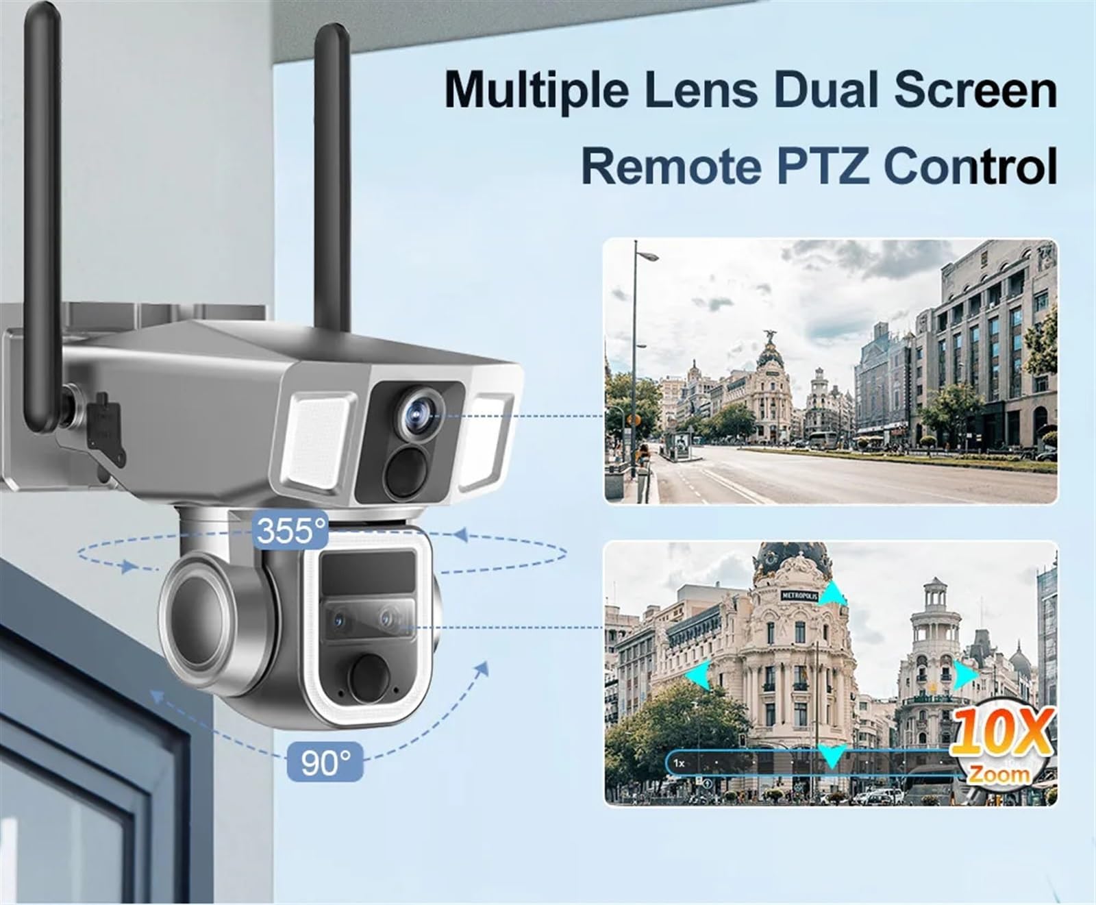 Cámara de Seguridad, Cámara Solar 2 en 1 4G y de Doble Pantalla for Exteriores, 4MP, Tres Lentes, detección PIR Dual, Zoom 10X, cámara CCTV Seguimiento automático(4G WiFi 32GB Card)