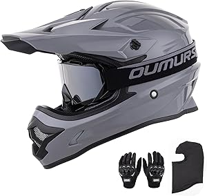 Oumurs Adult Dirt Bike Helmet – Gray, With Accessories (Large)