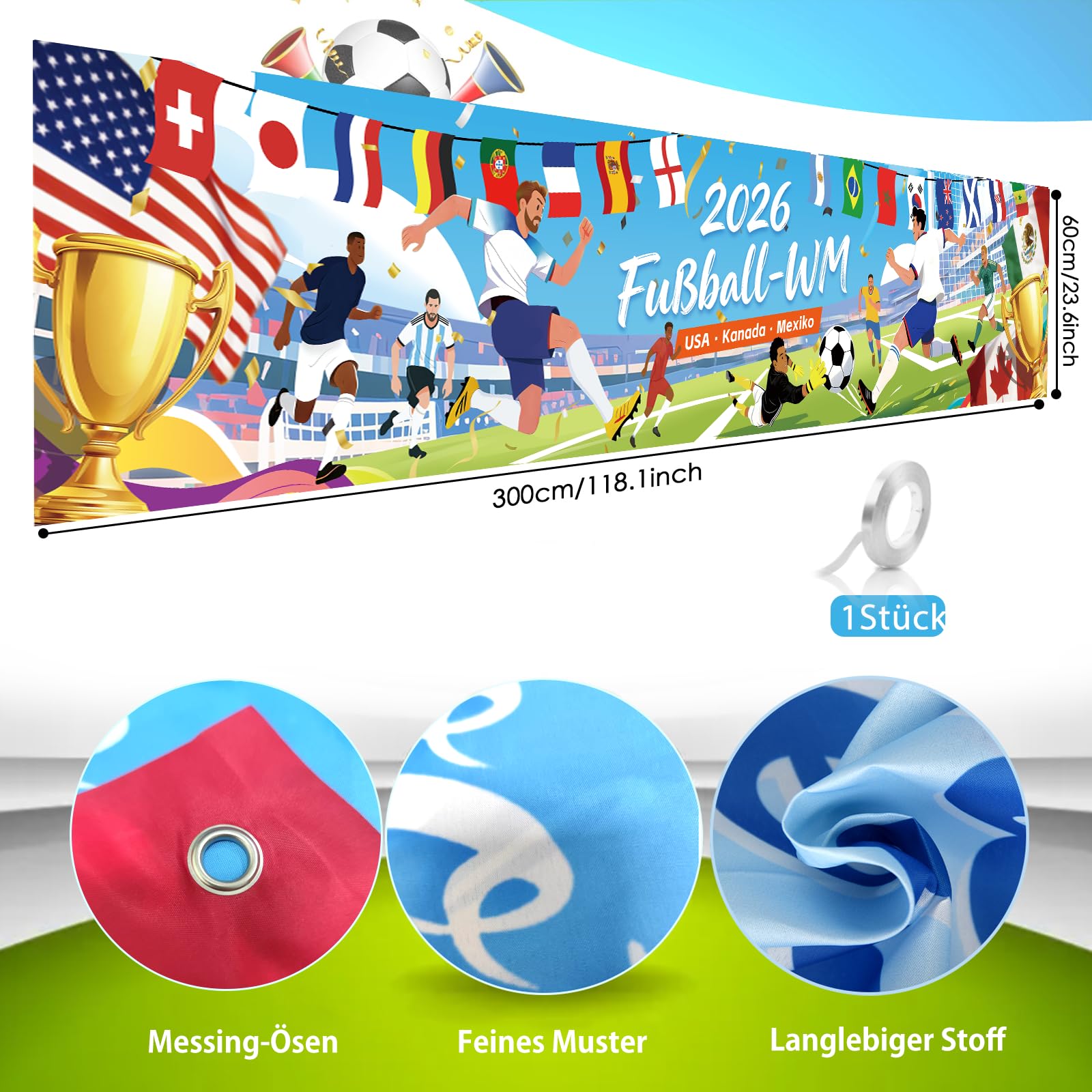 AhfuLife 2026 Fußball Banner 300 x 60cm für WM Deko, Extra Große Fussball Weltmeisterschaft banner Deko für WM Fußball Fans Party Garten Haus Bar Dekoration (Stil 1) - 2