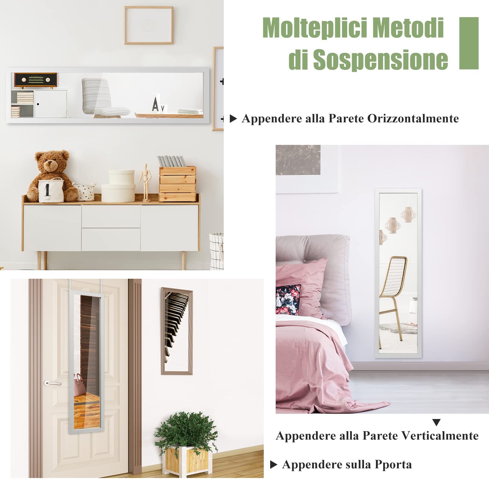 COSTWAY Specchio da Parete Lungo, Specchio Rettangolare a Figura Intera Sopra la Porta con Ganci per la Porta, Ideale per Camera da Letto Soggiorno Ingresso, 33x119 cm (Bianco)
