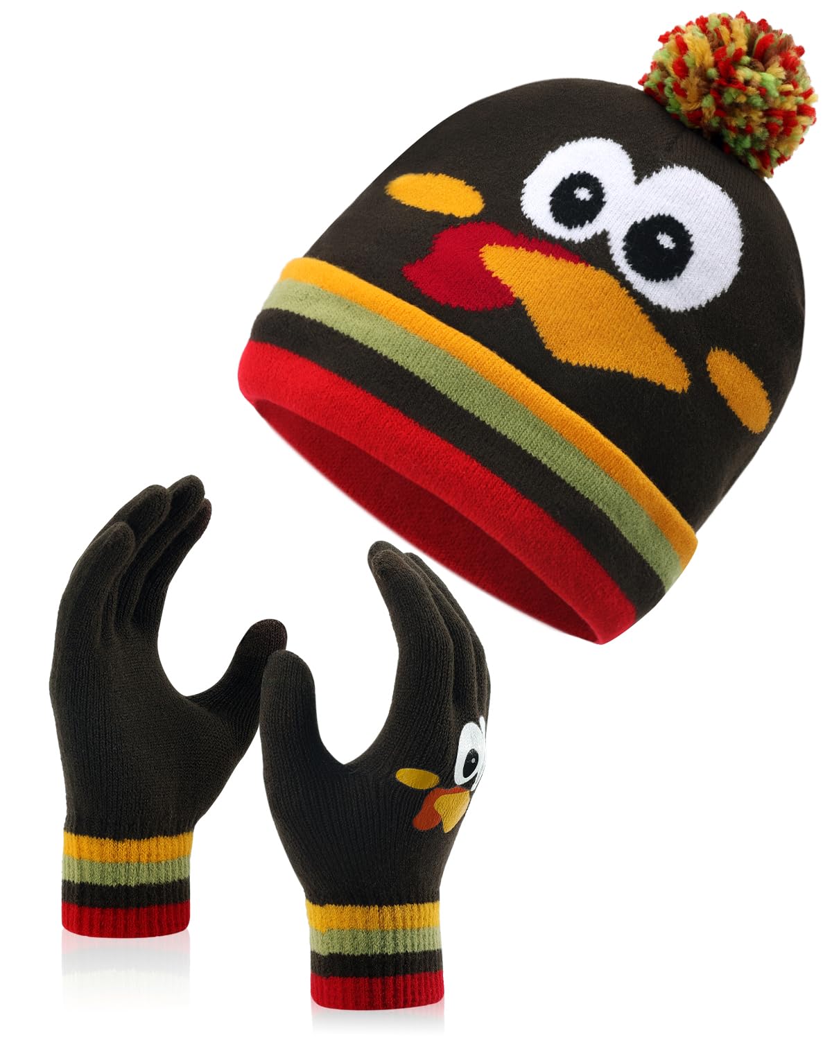 2Pcs Thanksgiving Christmas Turkey Hats and Gloves Set for Women and Men,Winter Adult Knitted Funny Beanie,Touch Screen Warm Running Gloves,Turkey Outfit for Dress Up Party,Role Play,Carnival