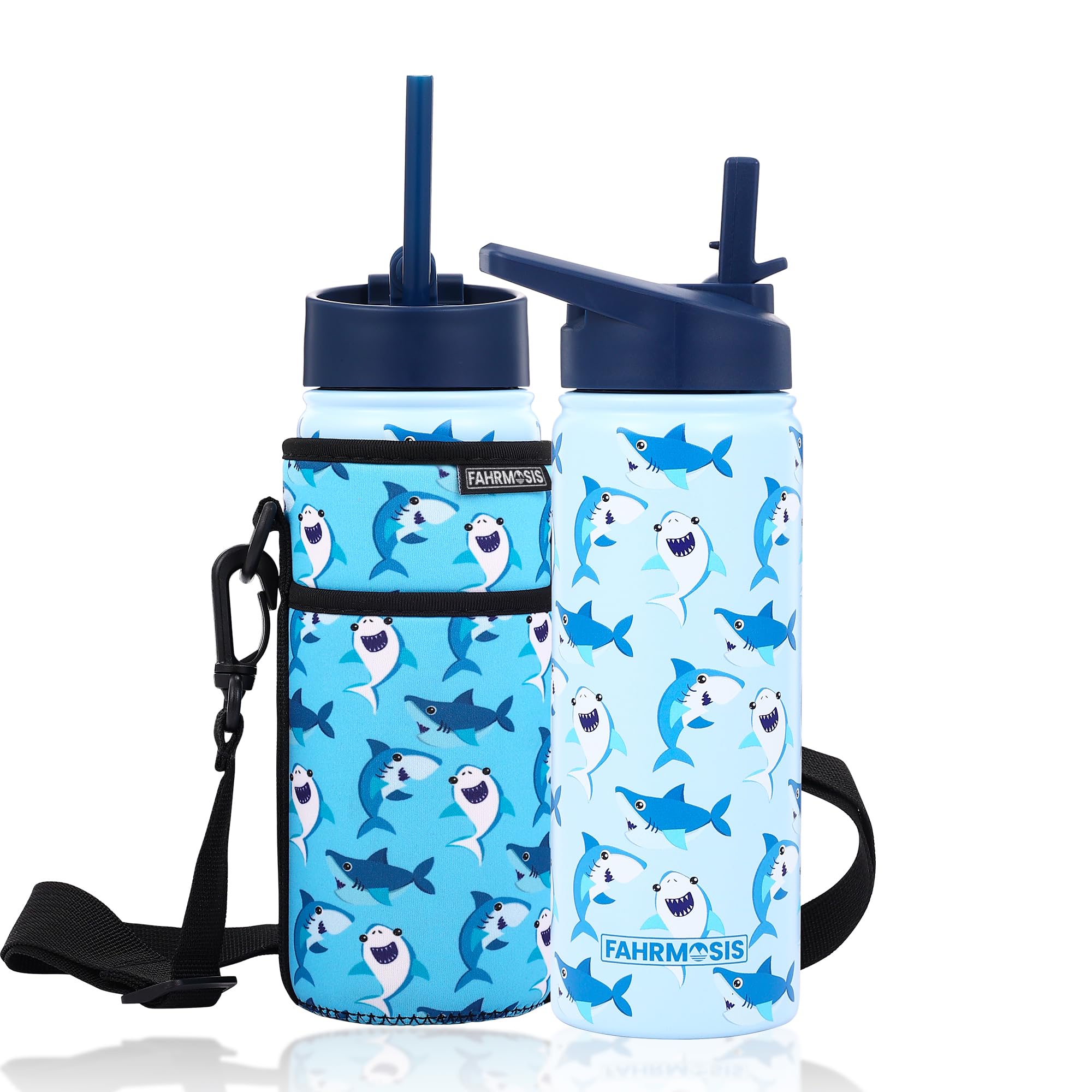 18 OZ Kids Water Bottle with Carrier Bag & Strap Leak Proof Metal Insulated Stainless Steel Tumbler with 2 Lids (Flip & Spout) for School & Sports Water Bottle with Straw - Blue (Shark)