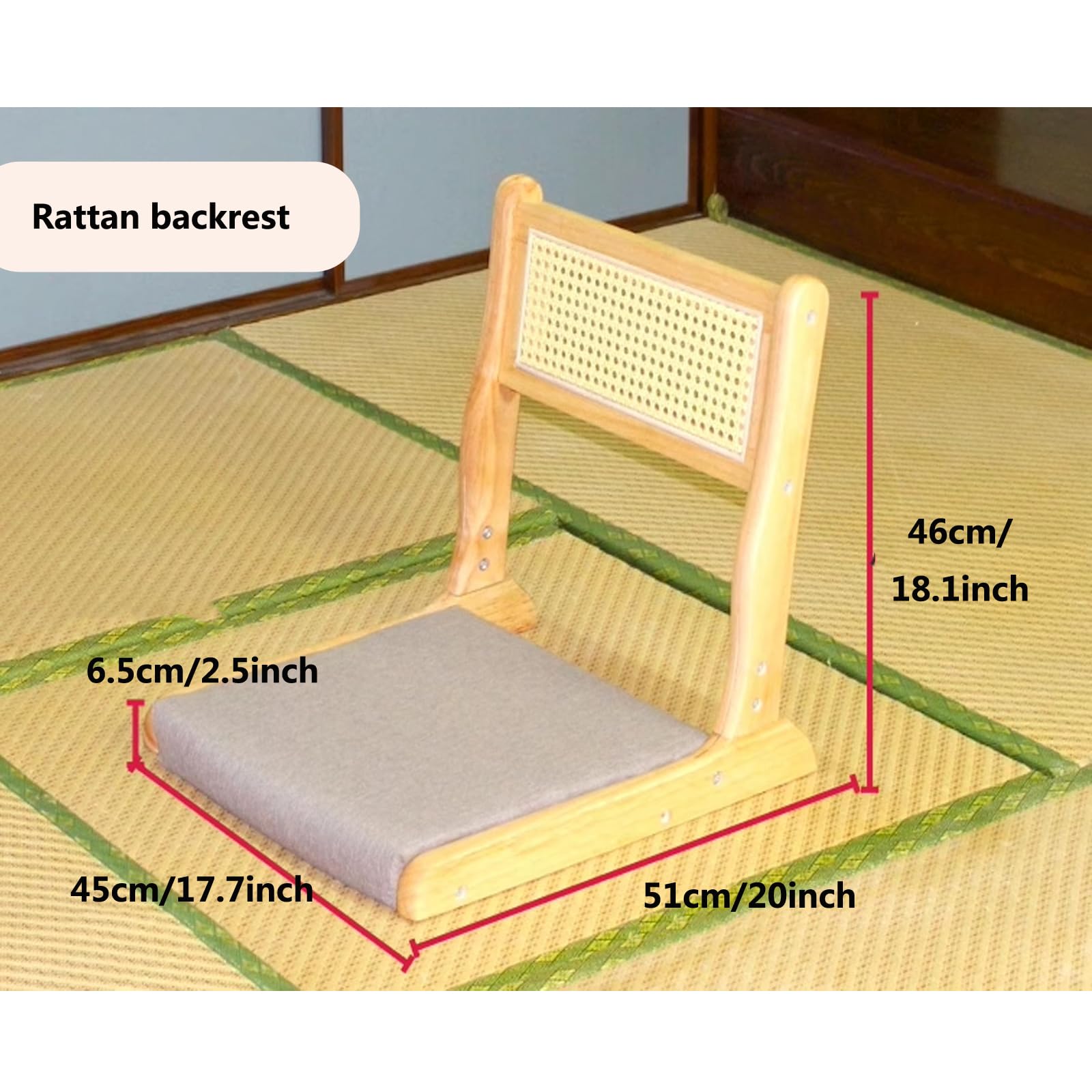 Silla plegable de estilo japonés, asiento acolchado con respaldo, silla de meditación de madera de caucho, muebles portátiles para relajación y comodidad