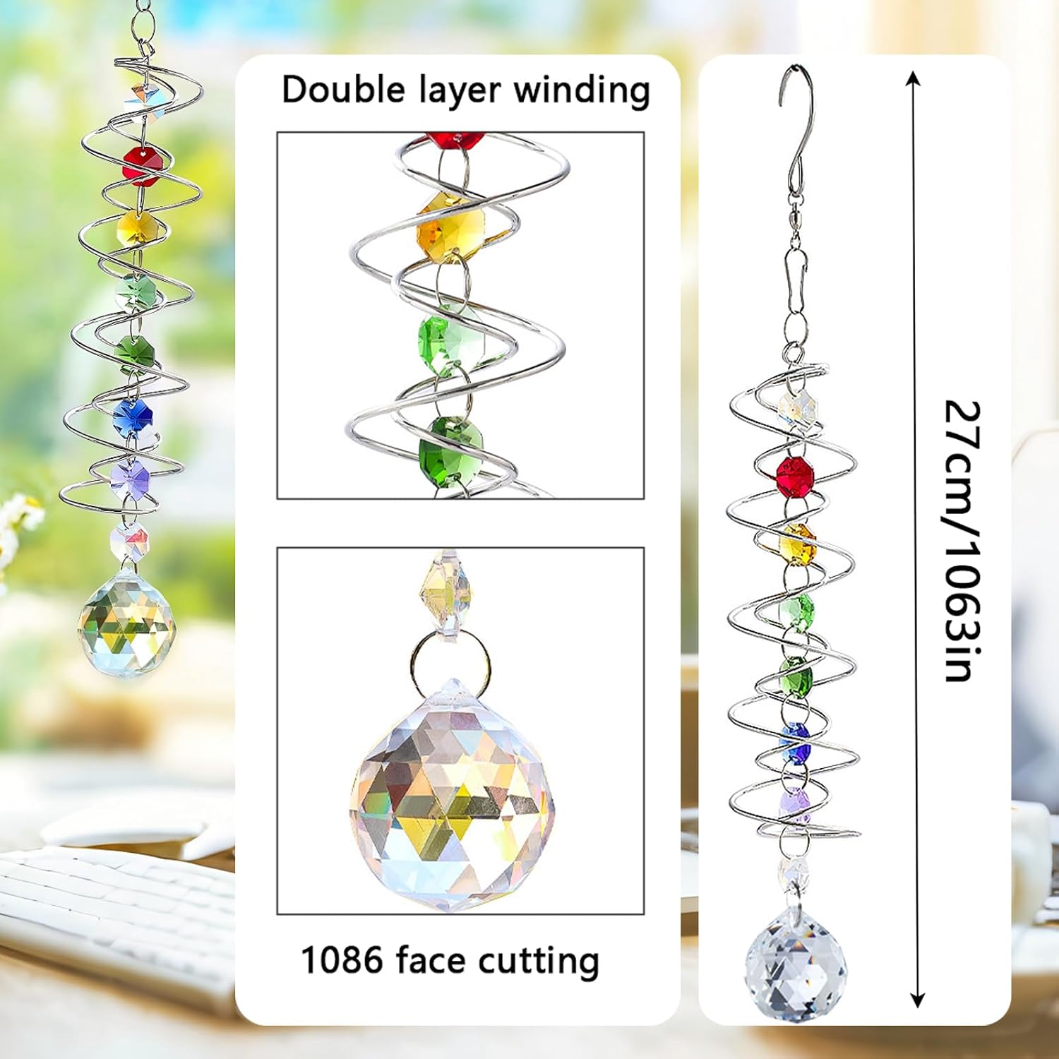 10.4 Inch Rainbow Crystal Sun Catcher – Handmade Hexagonal Prism Wind Spinner for Garden, Patio & Home Decor (Transparent)