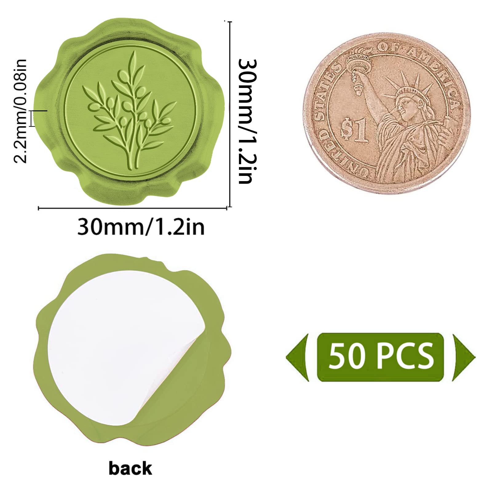 CRASPIRE 50 PZ Adesivi Sigillo di Cera Timbro Sigillo di Cera Verde 1 Scatola Ramo D'Ulivo Adesivi Sigillo Busta Autoadesivi 1.18 Pollici/30 mm per Biglietti D'Invito di Nozze