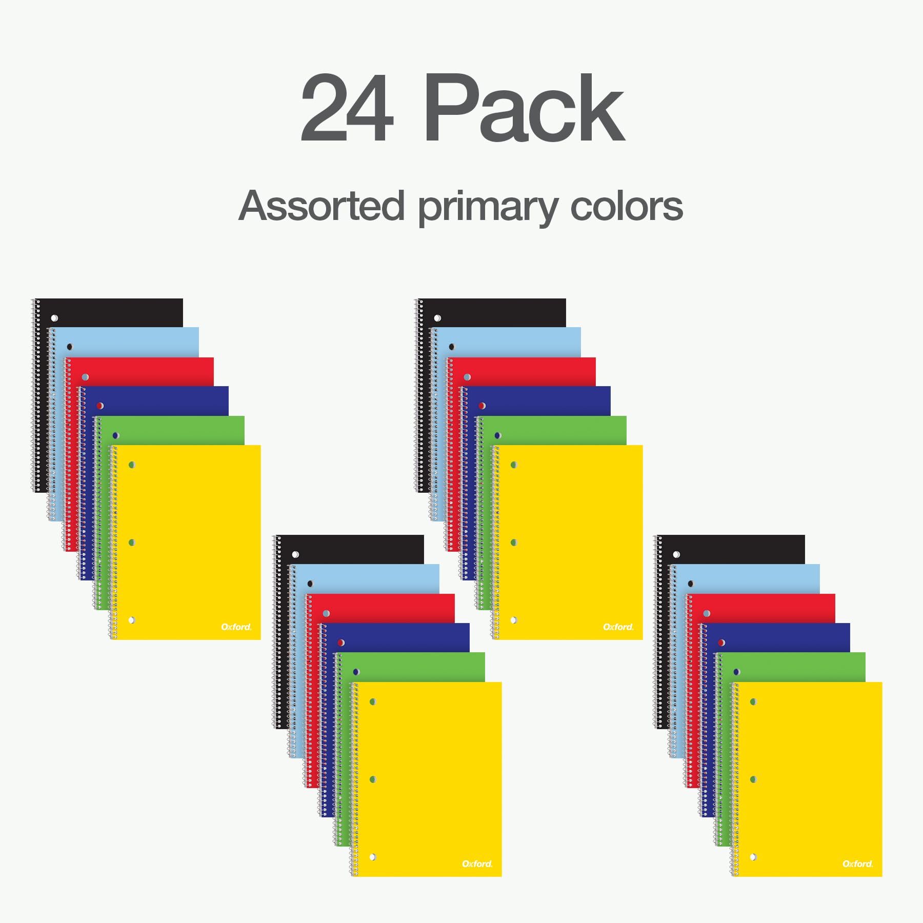 Oxford Cuadernos en espiral, paquete de 24, regla ancha, 70 hojas, 8 x 10.5 pulgadas, cubiertas primarias, páginas perforadas, 1 cuaderno de asignaturas con tabla de conversión para escuela, hogar y