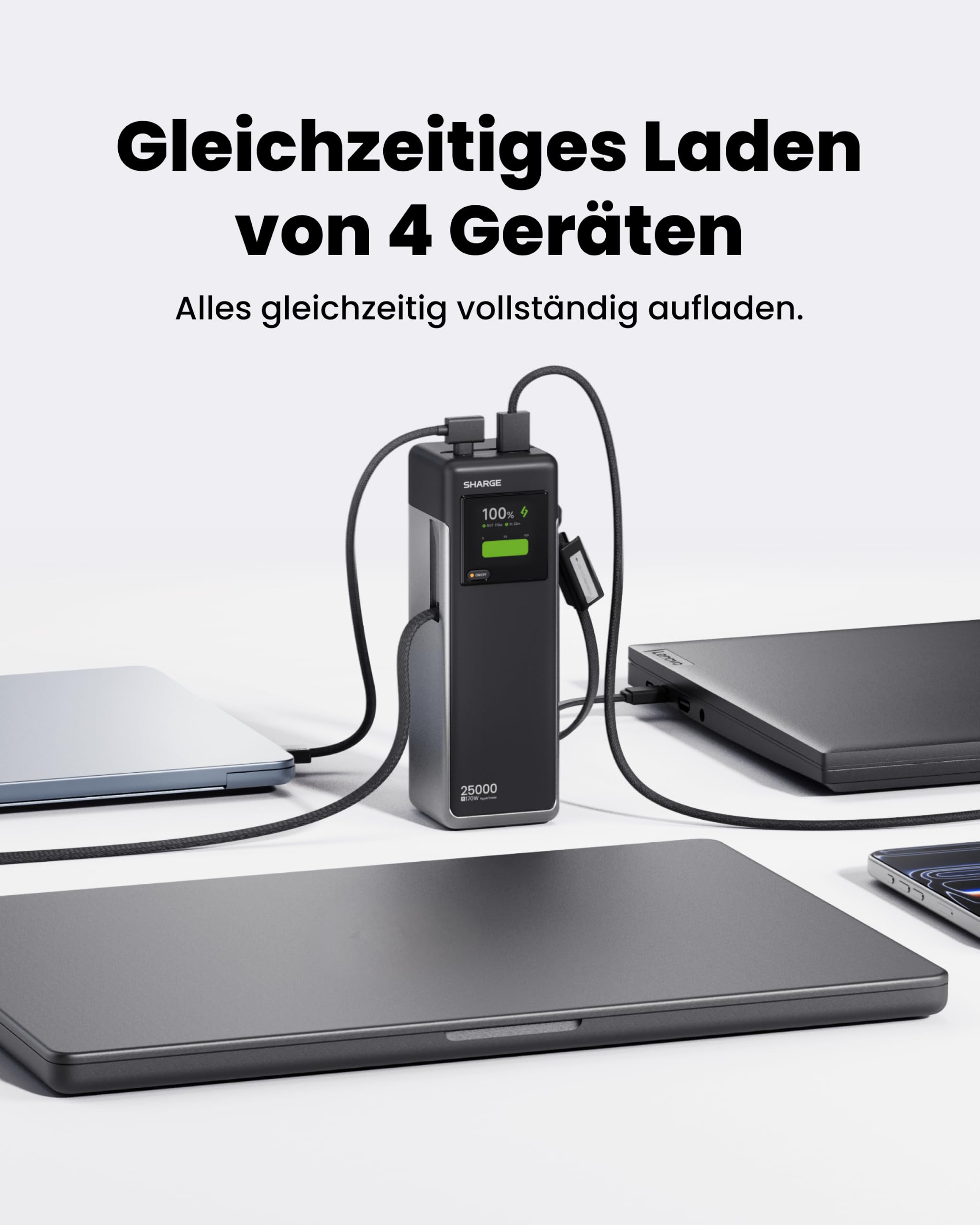 SHARGE 170W Laptop Powerbank 25000mAh mit TFT Display und 4 Anschlüssen | HyperTower 170 mit 2 ausziehbaren USB-C-Kabel, 3x USB-C + 1x USB-A, Schnellladen tragbares für Reisen/Büro für MacBook Pro
