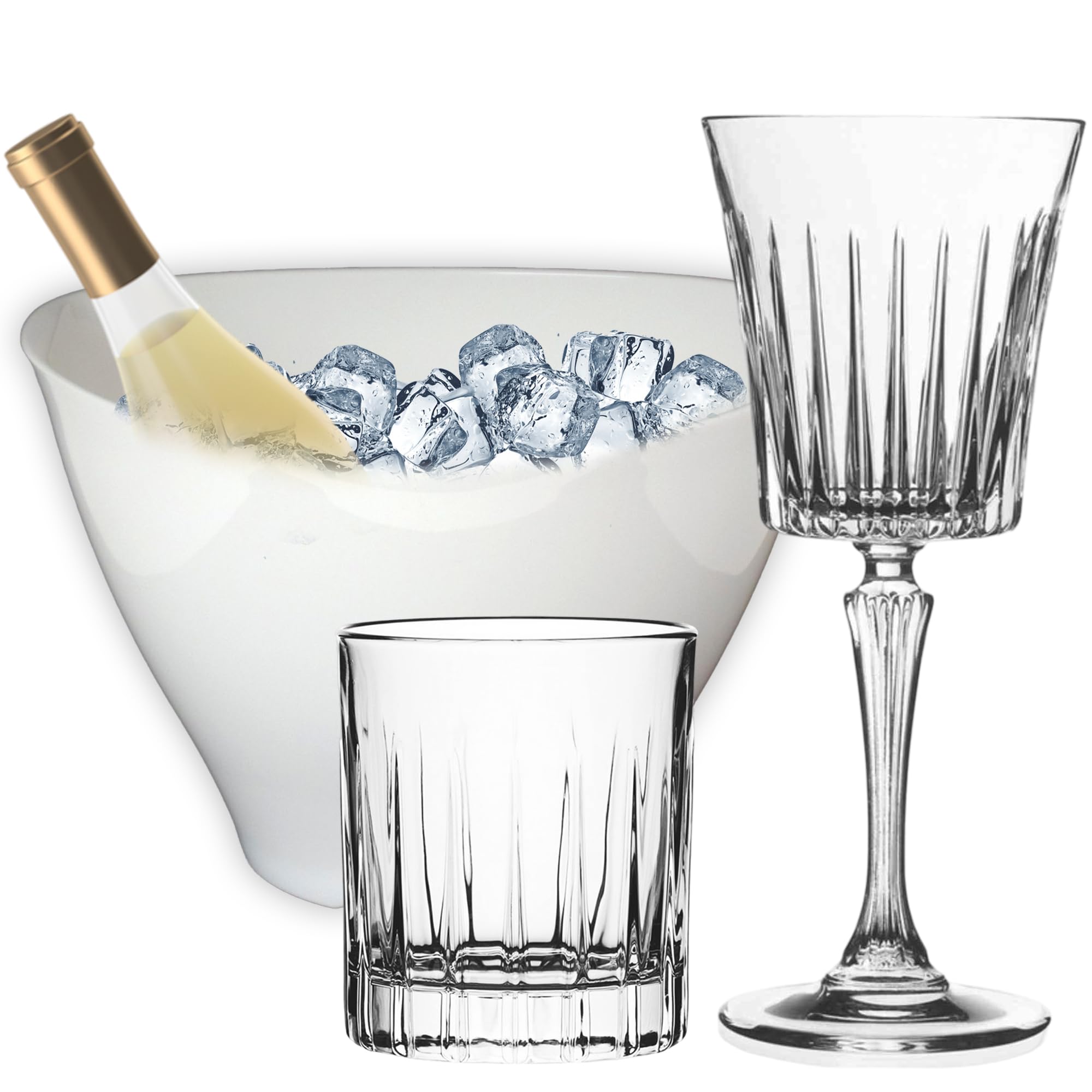 Sicignano | Juego de 6 copas de 30 cl, con 6 vasos de 36 cl, Timeless para vino, agua, whisky, licores, cócteles, cristal ecológico, transparentes, resistentes, de regalo con cubo de champán blanco y