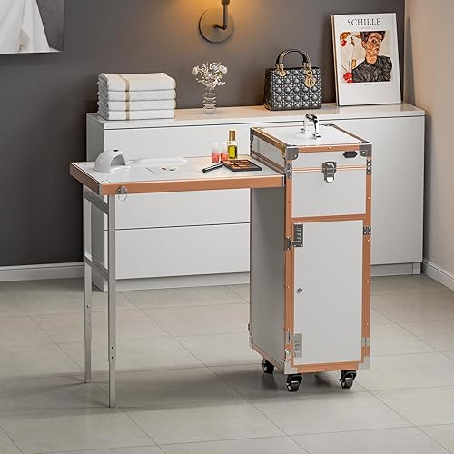 Miniatura 8 de Icoget Mesa de manicura rodante estación de maquillaje con altavoz Bluetooth, escritorio de uñas portátil para enseñar uñas, carrito organizador de