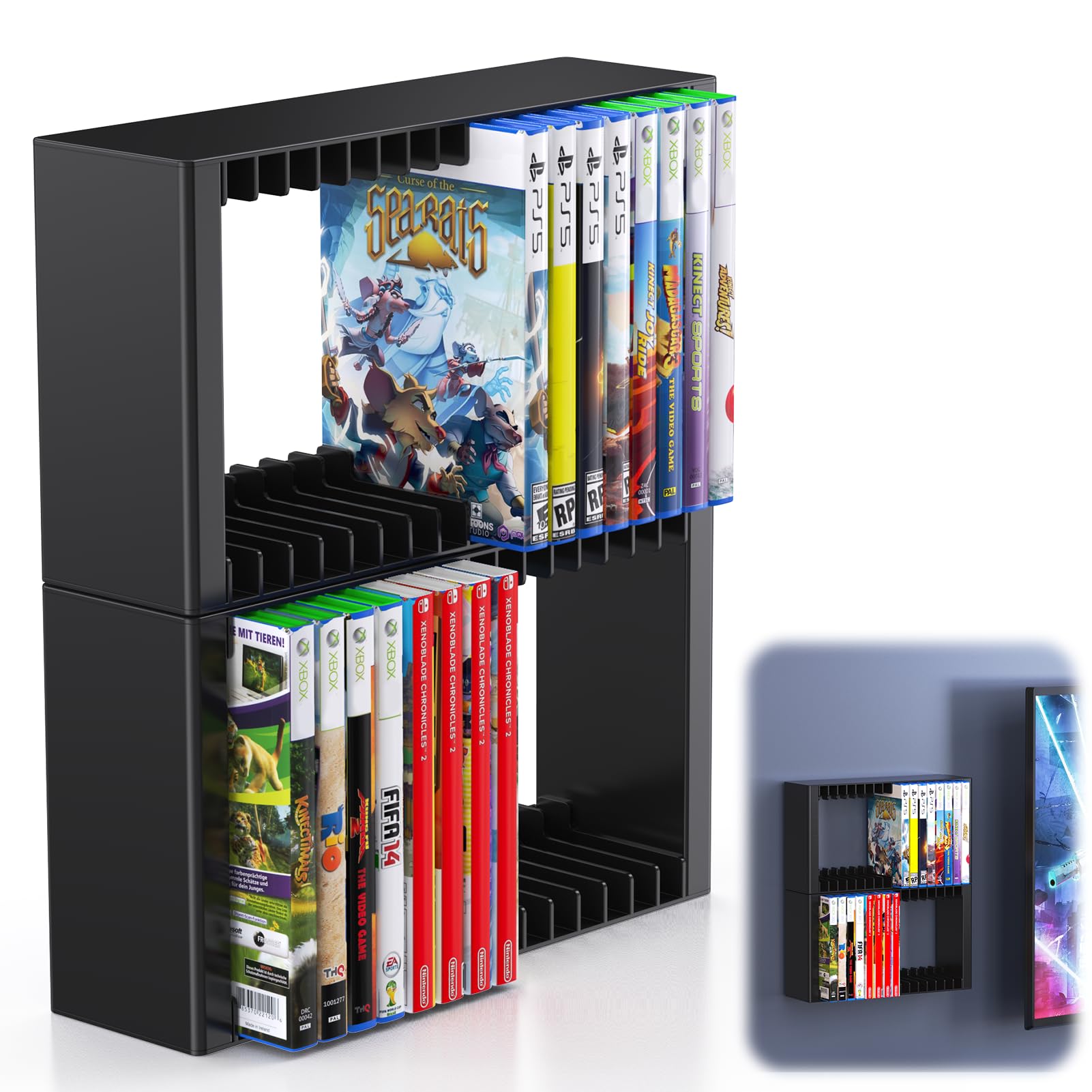 Number-one Game Disc Storage Rack, Universal Game Holder Rack for PS5/PS4/PS3/SW1/SW2/Xbox One/Xbox Series S/X CD with 2 Shelves 32 Storage Slots 8 Nails PS5 Disc Holder for Wall Mount/Desk/Floor - PlayStation 5 - Very Good - Used Accessory
