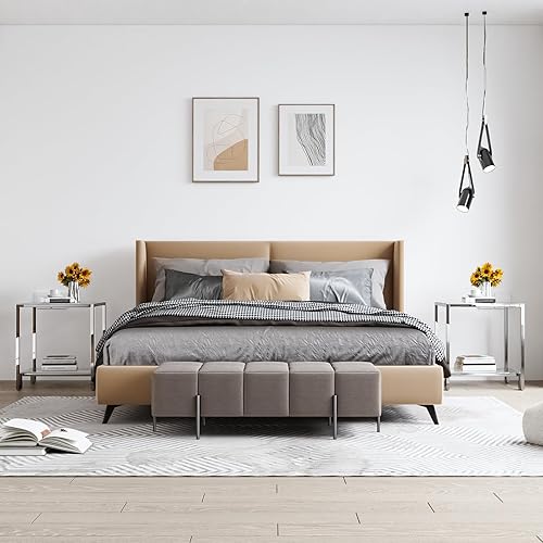 Miniatura 5 de Mesa auxiliar cuadrada de 2 niveles con parte superior de vidrio templado y marco de acero inoxidable plateado, moderna mesita de noche para