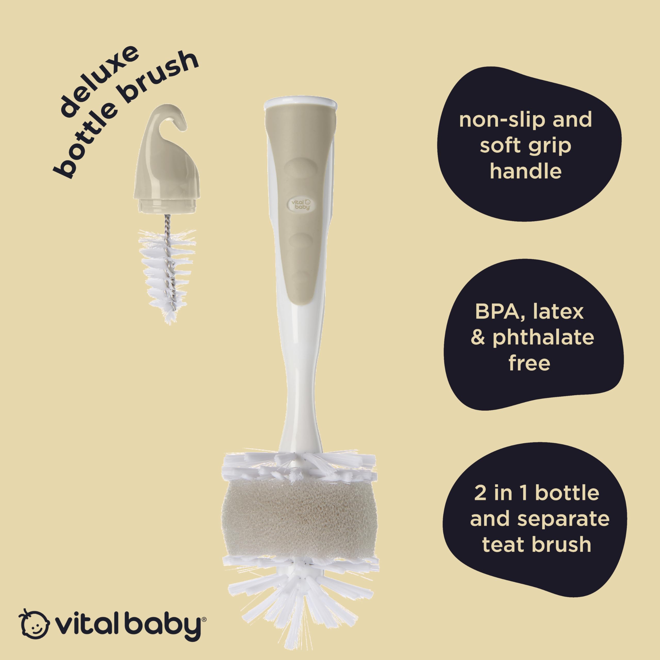 Vital Baby Nurture Deluxe Bottle Brush, 2-in-1 Bottle & Teat Cleaning, Non-Slip Handle, Non-Scratch Bristles - Image 4