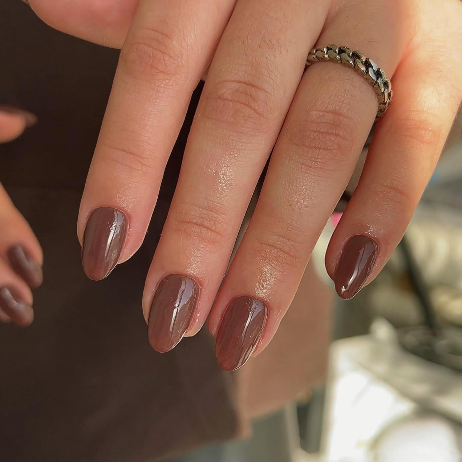 SXVME Light Brown False Nails Short Oval, Fall Winter Acrylic Press on Nails Short, Brown Fake Nails Short