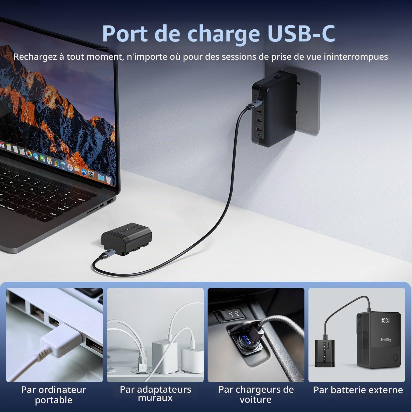 SMALLRIG NP-FZ100 Batterie pour appareil photo Sony 2520 mAh USB-C avec indicateur LED