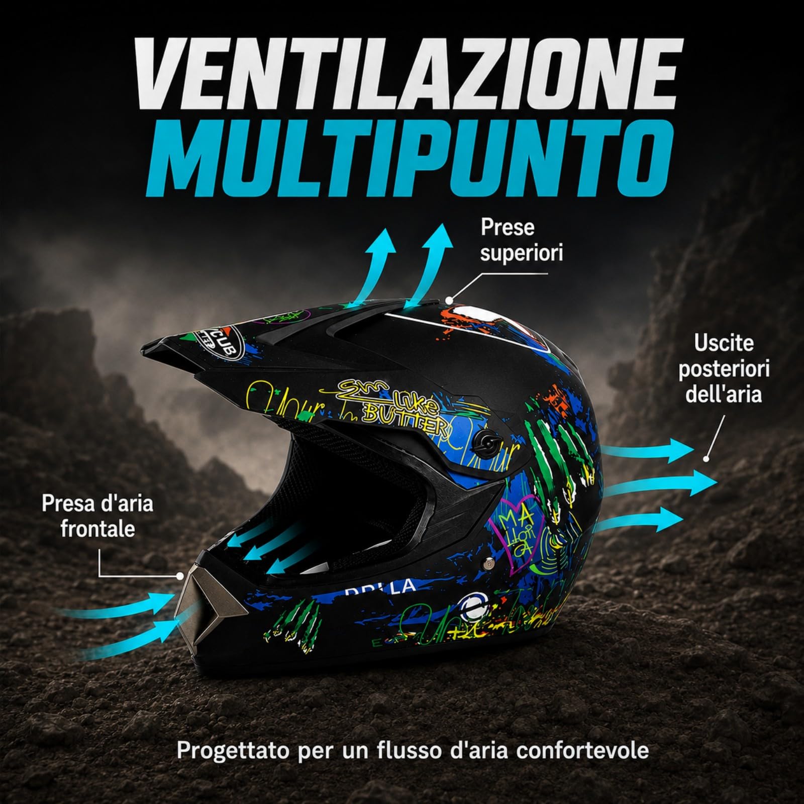 Set Casco Cross Integrale nero multicolore con Occhiali e Guanti
