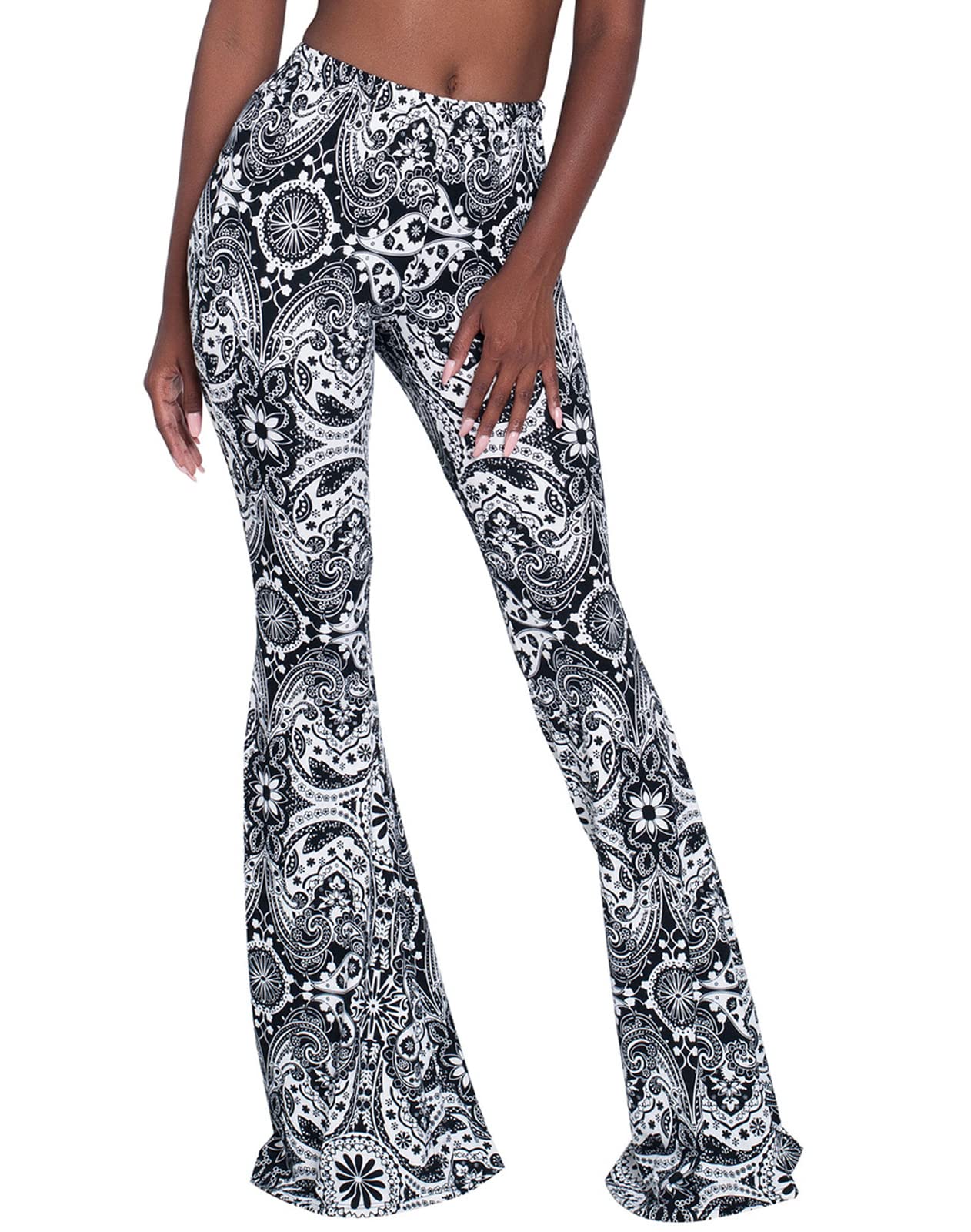 Nuofengkudu Women's Vintage Printed Long Flared Trousers High Waisted Stretchy Wide Leg Yoga Pants