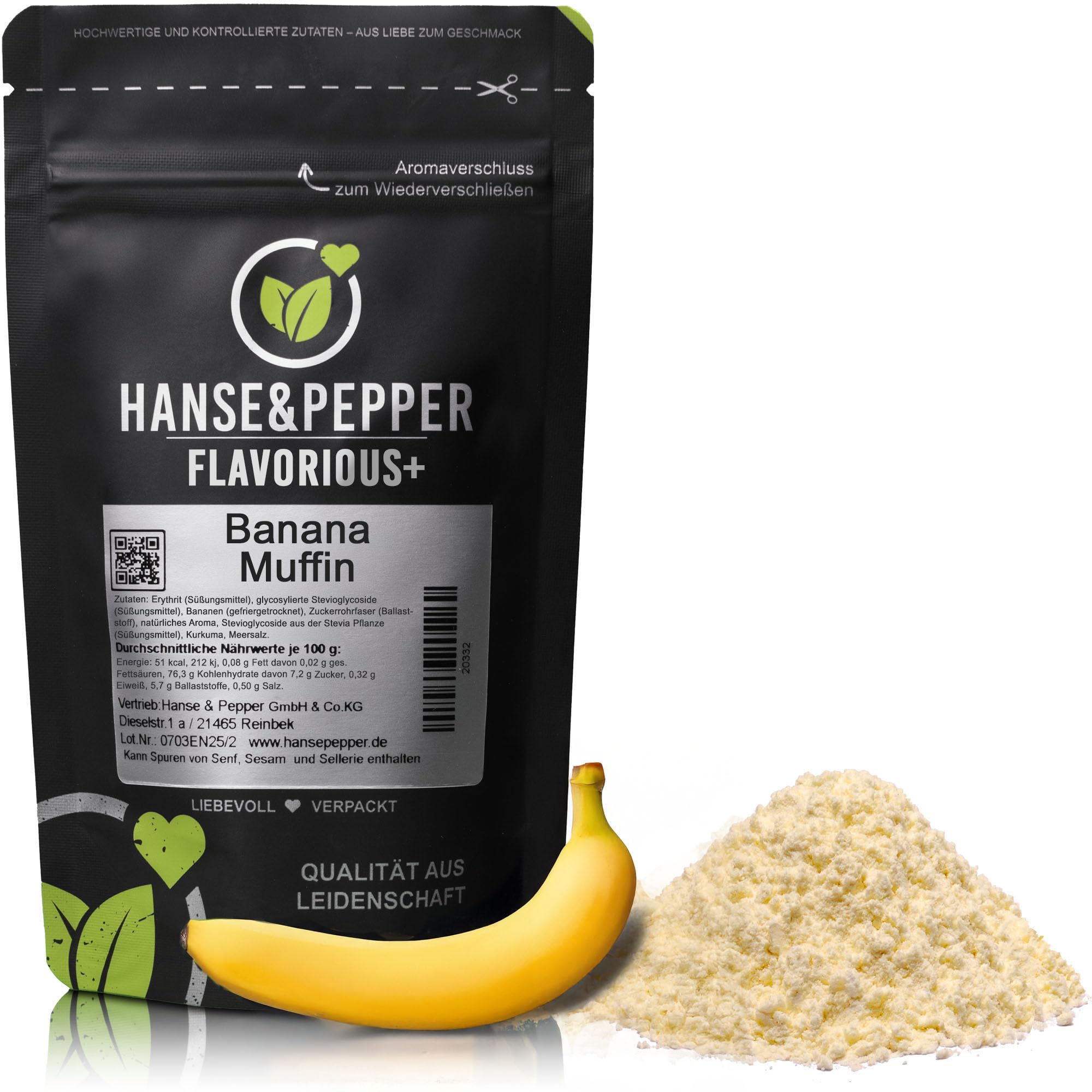 250g Hanse&Pepper Flavorious+ Geschmackspulver Banana Muffin – ohne Zucker, kalorienbewusst – Bananenpulver für Quark, Joghurt, Shakes & Süßspeisen – ohne künstliche Süßstoffe, echte Zutaten