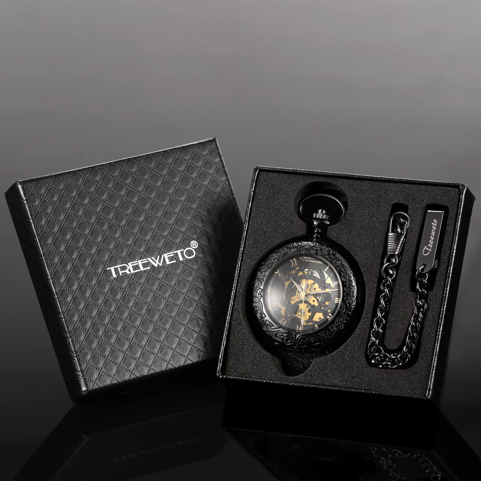 TREEWETO Steampunk szkielet mechaniczny miedziany zegarek kieszonkowy retro, Czarny, Retro