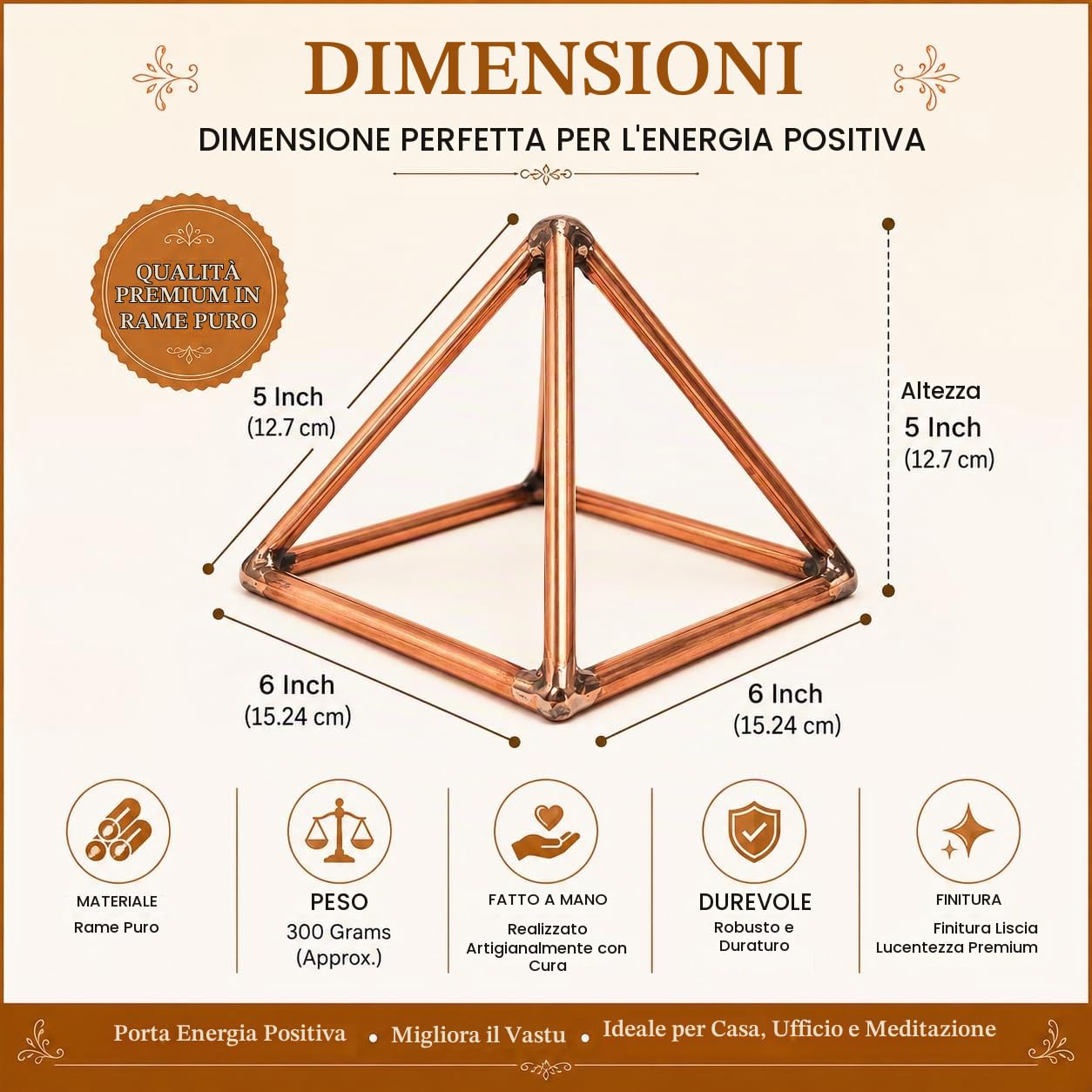 Sculture in ottone ispirate a Prajet Vastu Feng Shui Statua per successo, velocità e prosperità, decorazione per la casa, scrivania e statuetta regalo (piramide di rame)