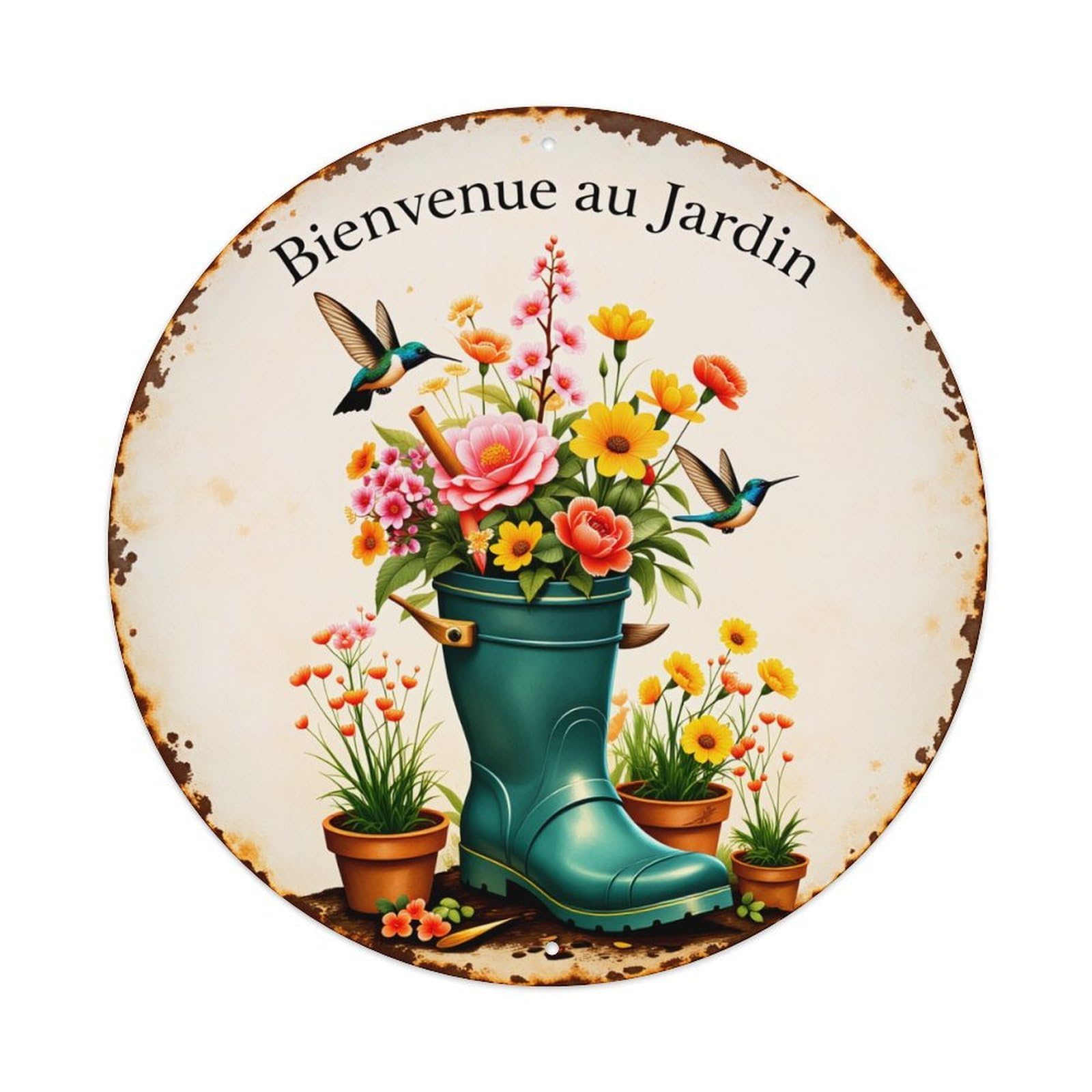 Flower Boots Birds Garden Welcome Sign Round Vintage Tin Sign,Retro Wall Art,Metal Poster for Home, Bar, Garage, Cafe, Rustic Indoor & Outdoor Decor, 8x8 Inches